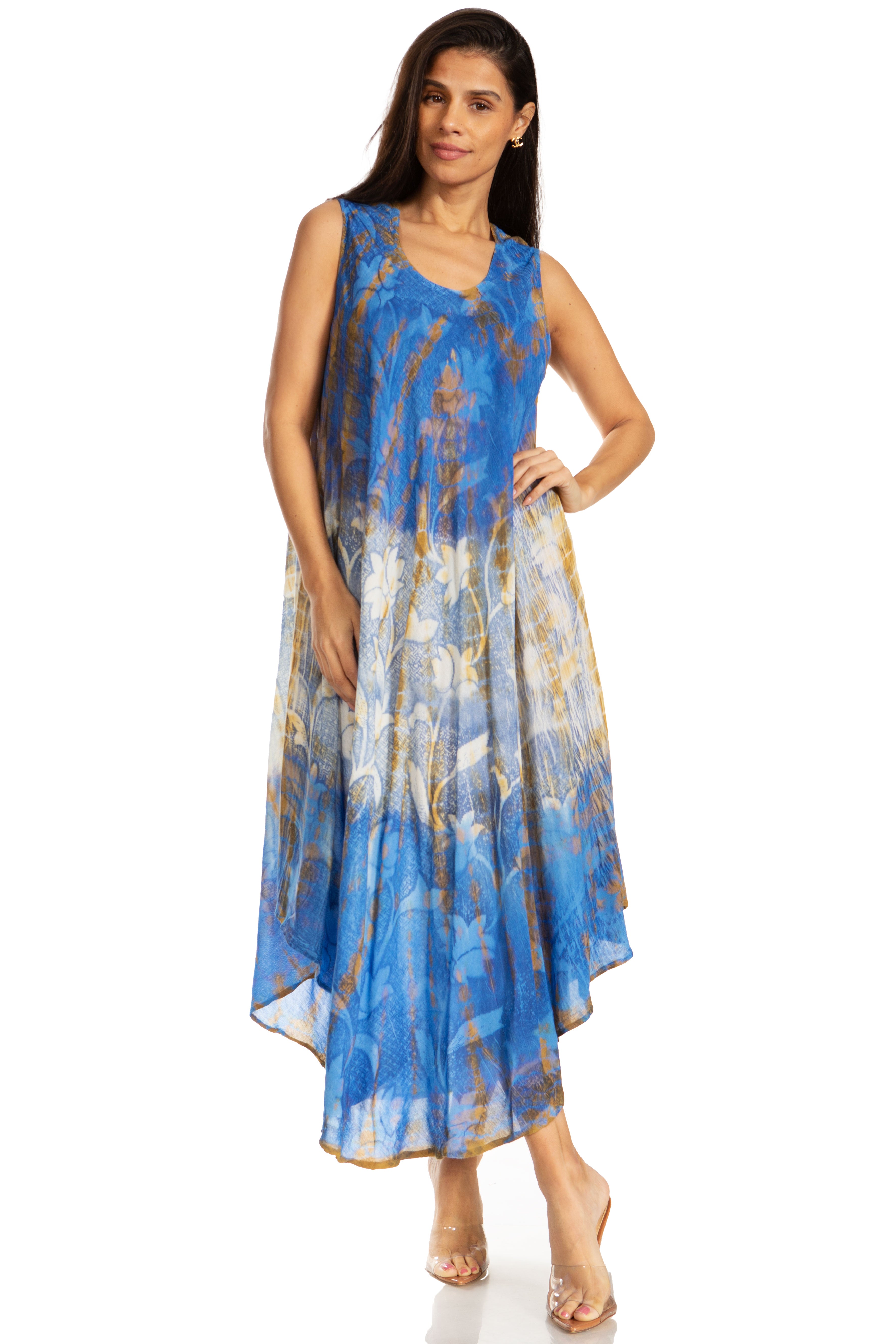Woman wearing a blue and white patterned dress on a white background