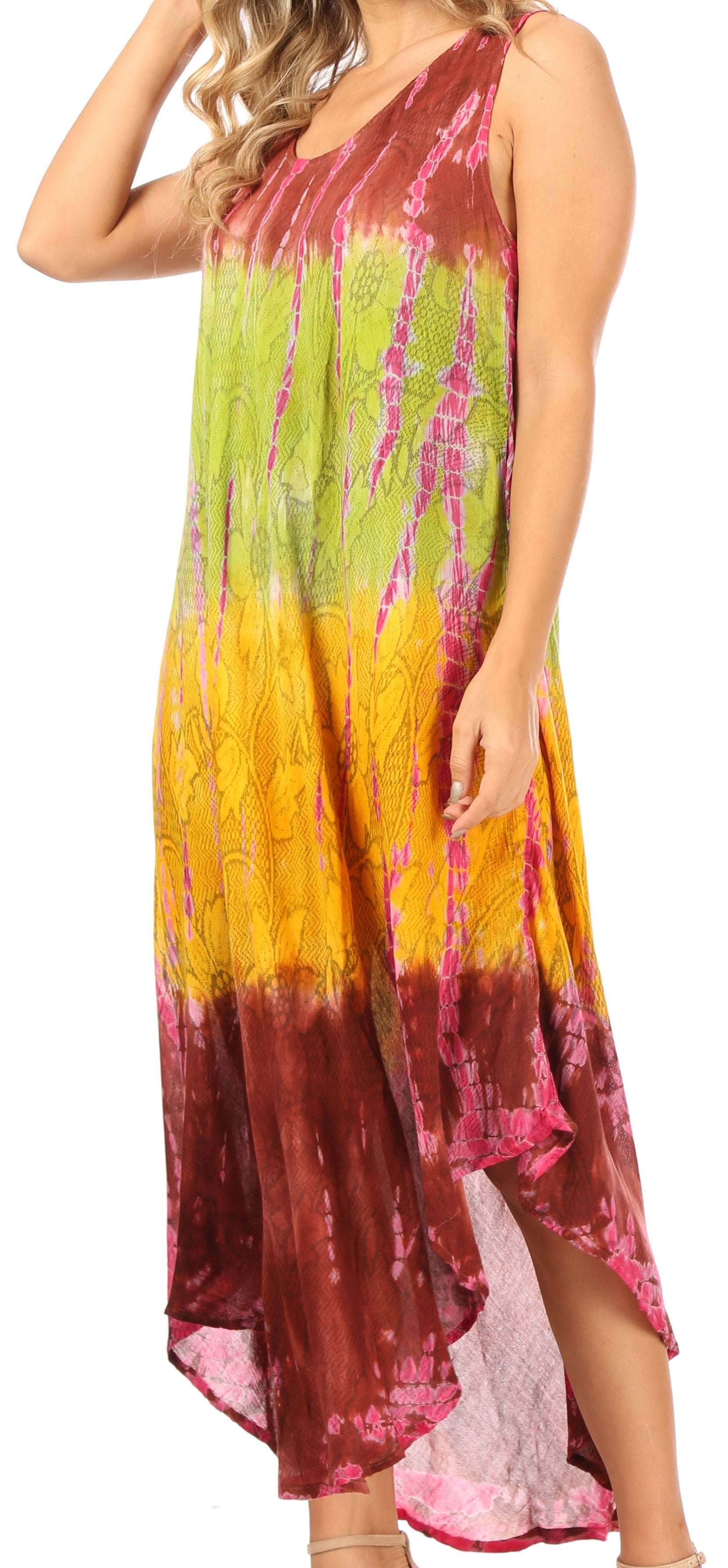 Colorful tie-dye dress with a gradient from yellow to pink on a white background
