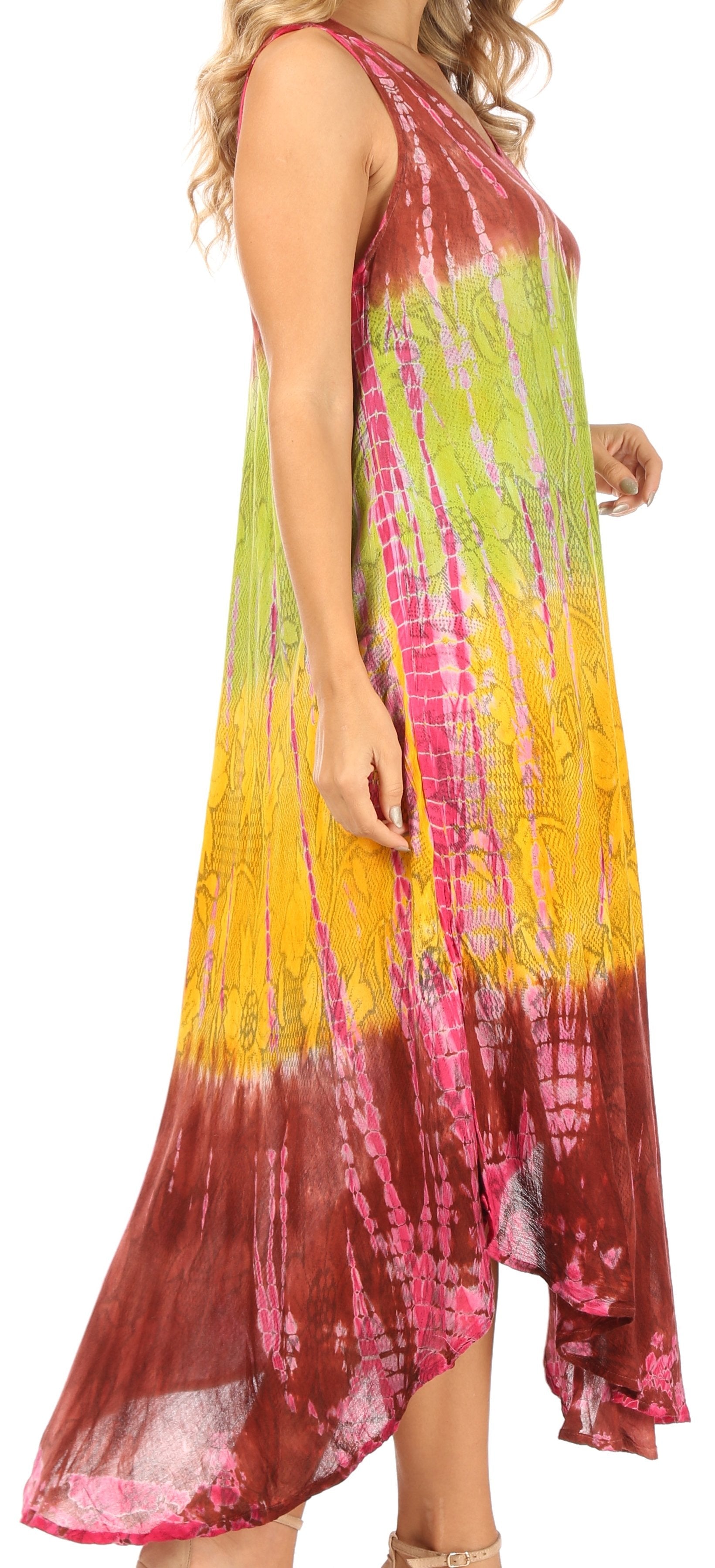 Woman wearing a colorful tie-dye dress on a white background