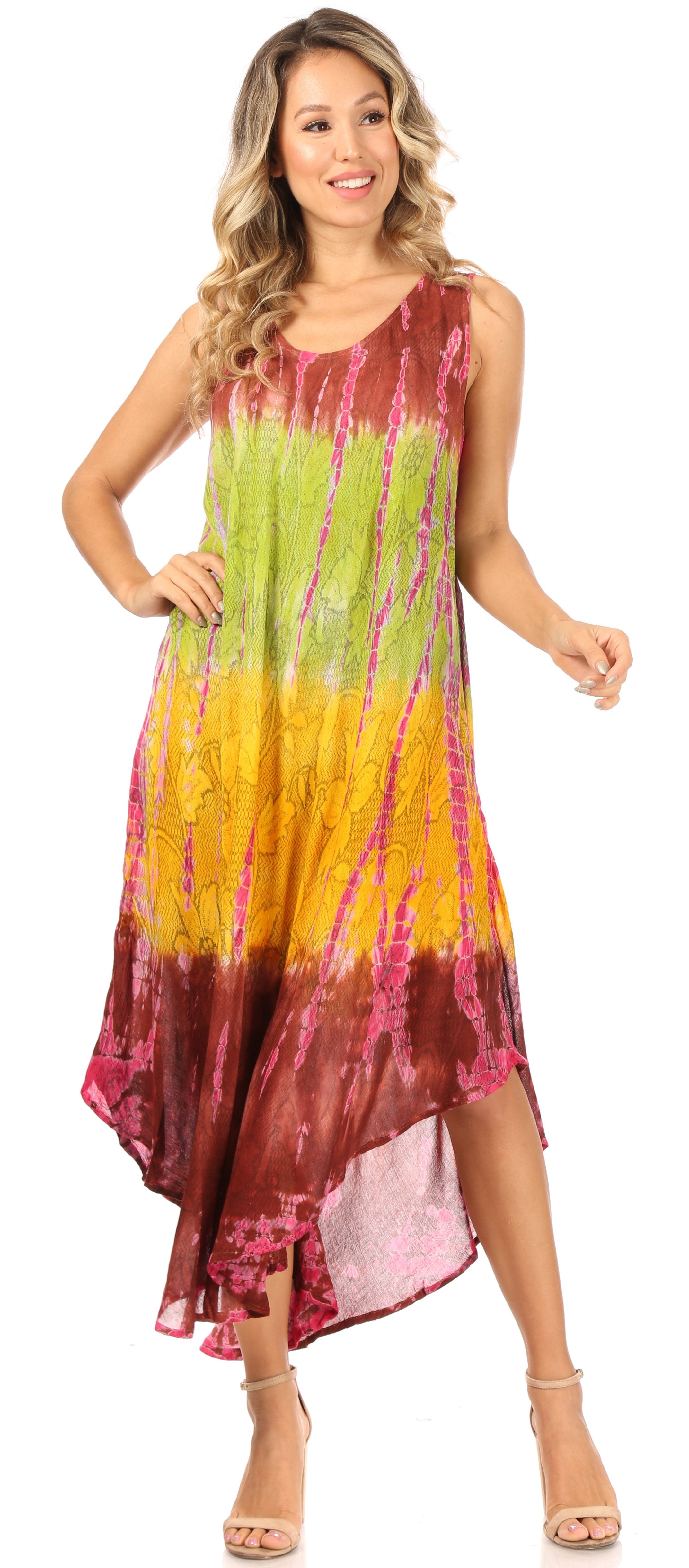 Woman wearing a colorful tie-dye dress on a white background