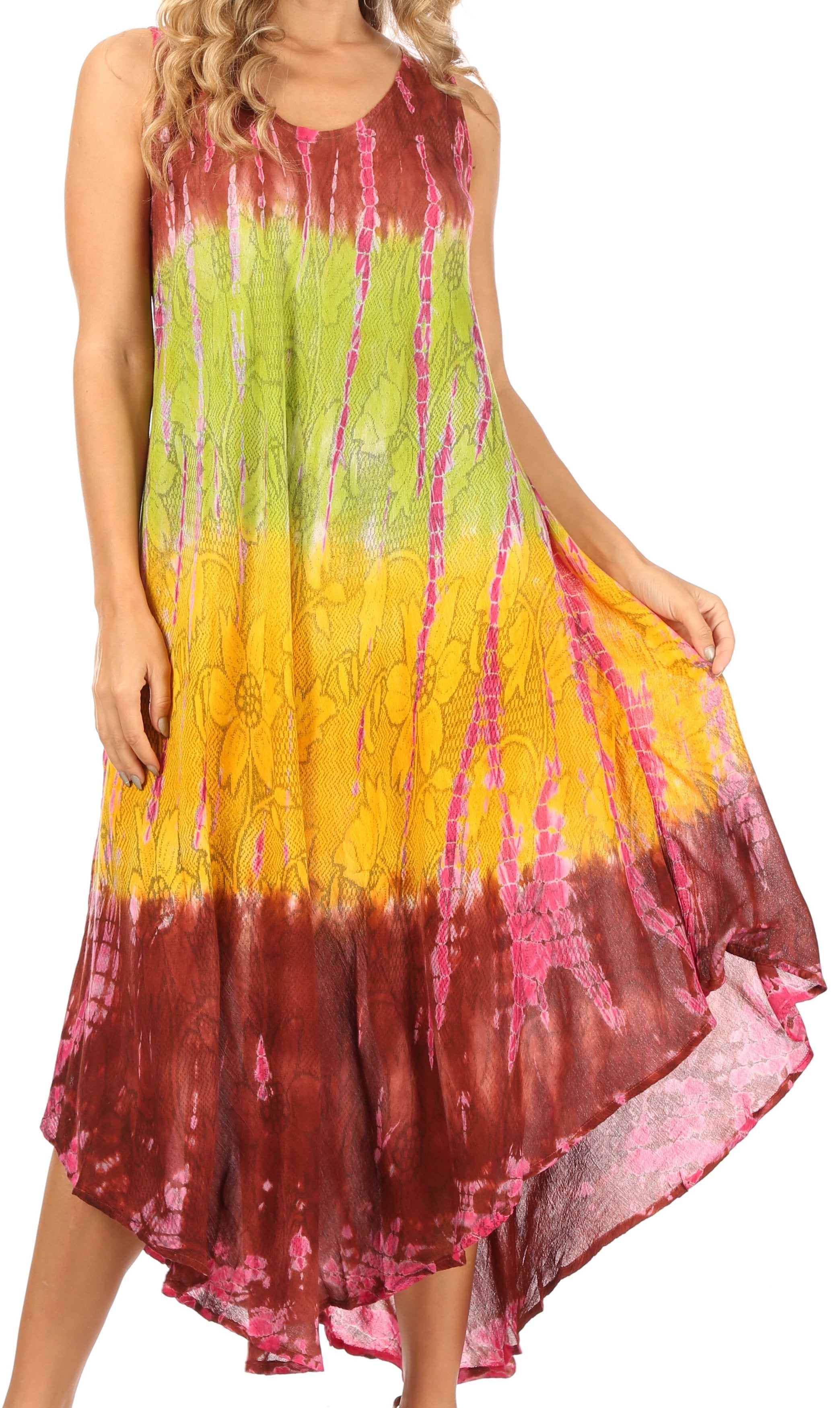 Woman wearing a tie-dye dress with a gradient of pink, green, and yellow on a white background.