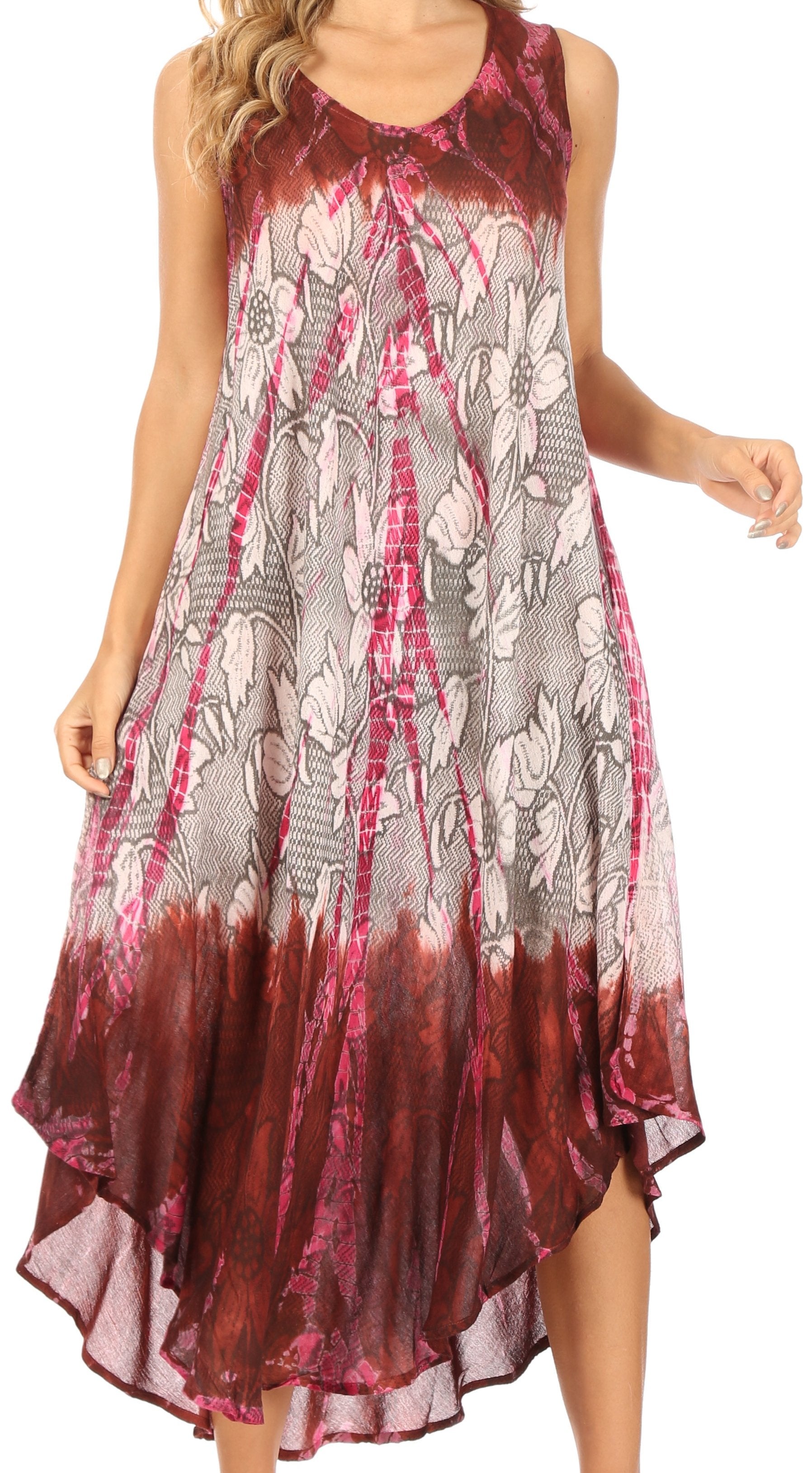 Woman wearing a sleeveless dress with floral pattern and maroon gradient.