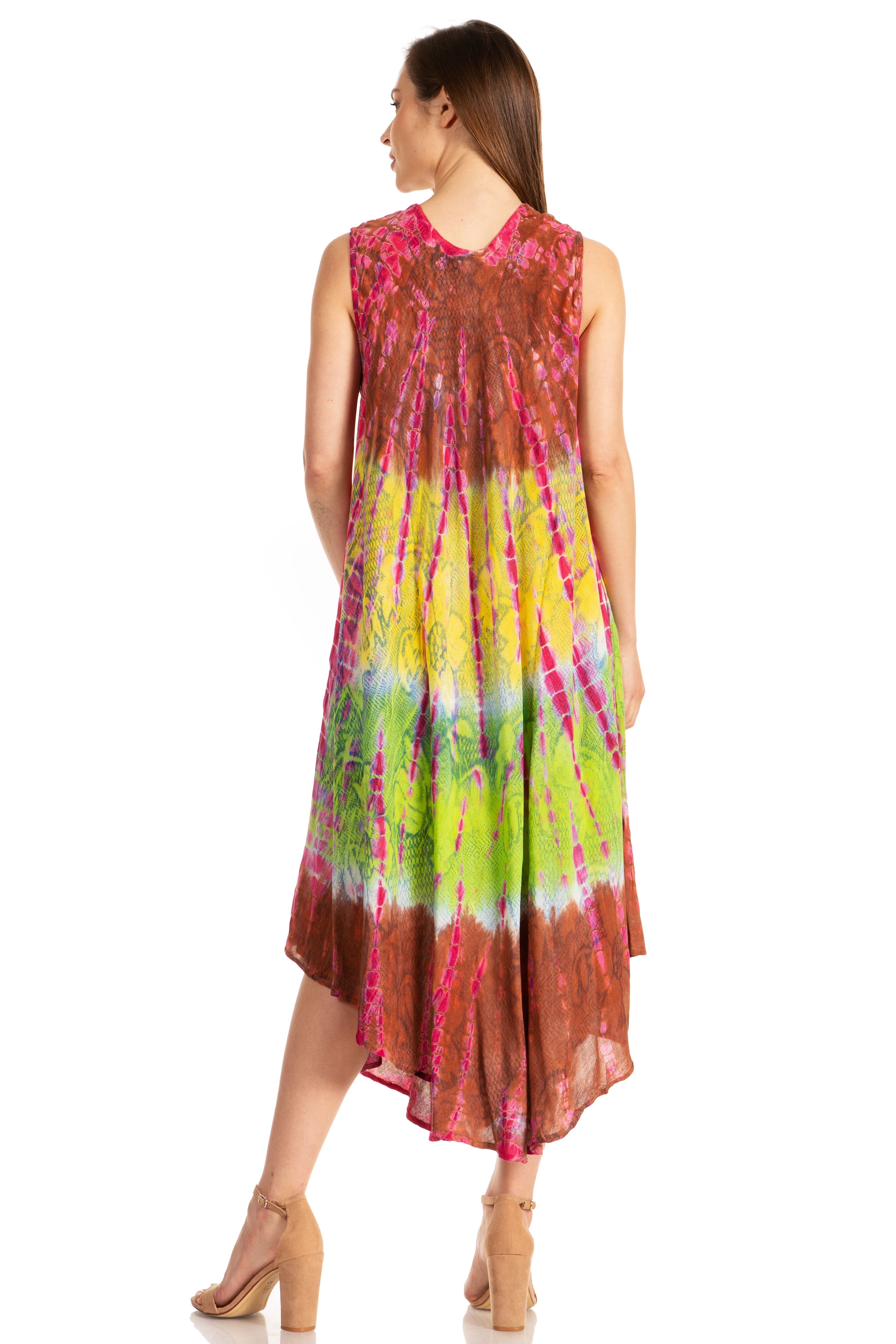 Woman wearing a colorful tie-dye dress on a white background