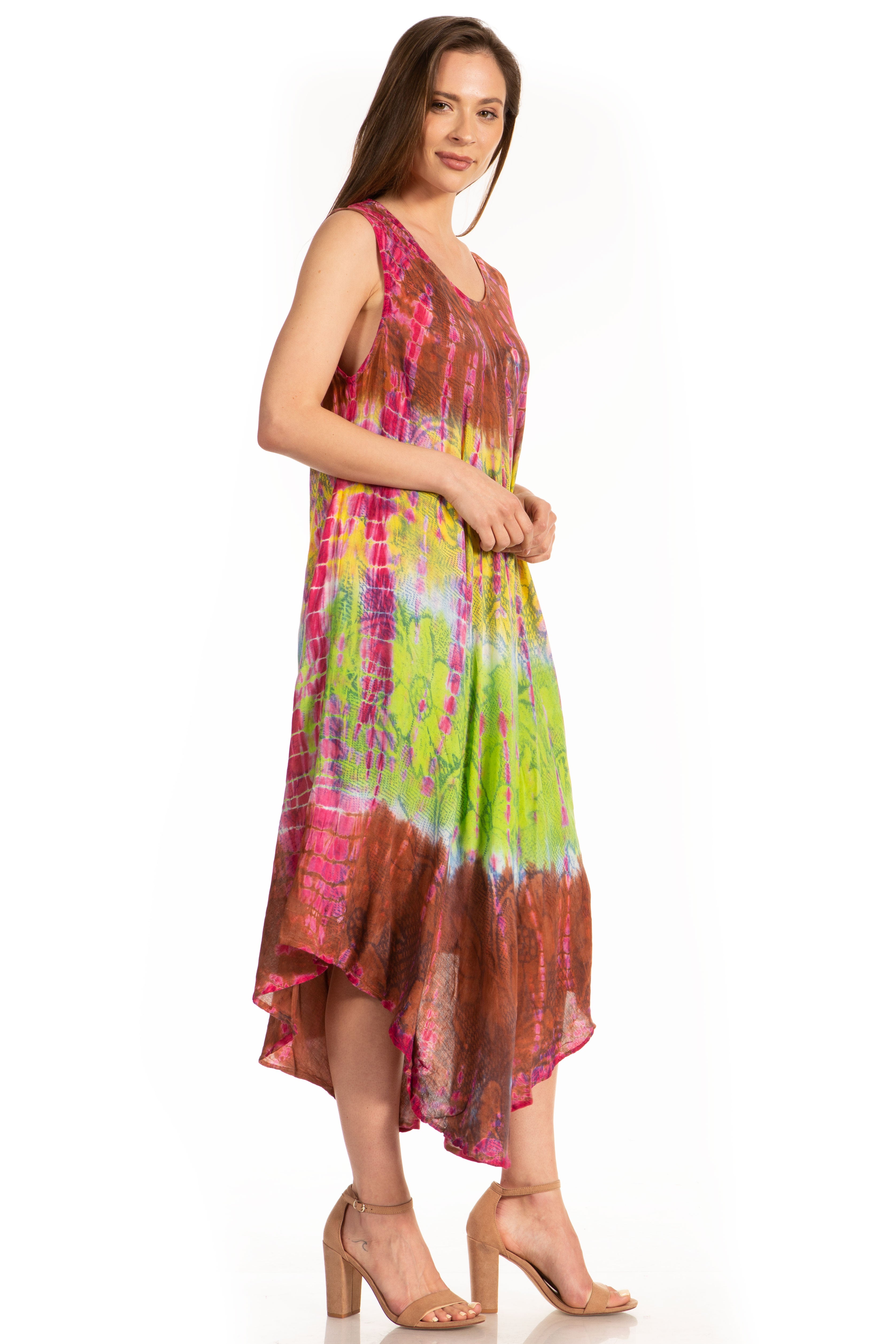 Woman wearing a colorful tie-dye dress on a white background