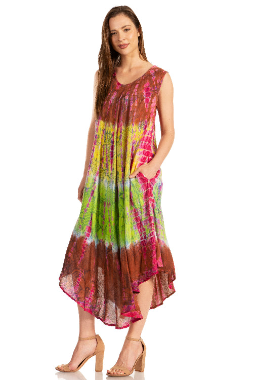 Woman wearing a colorful tie-dye dress on a white background