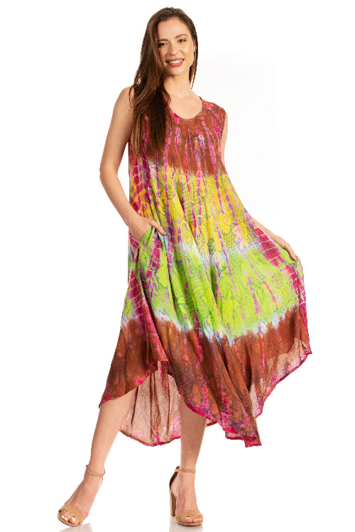 Woman wearing a colorful tie-dye dress on a white background