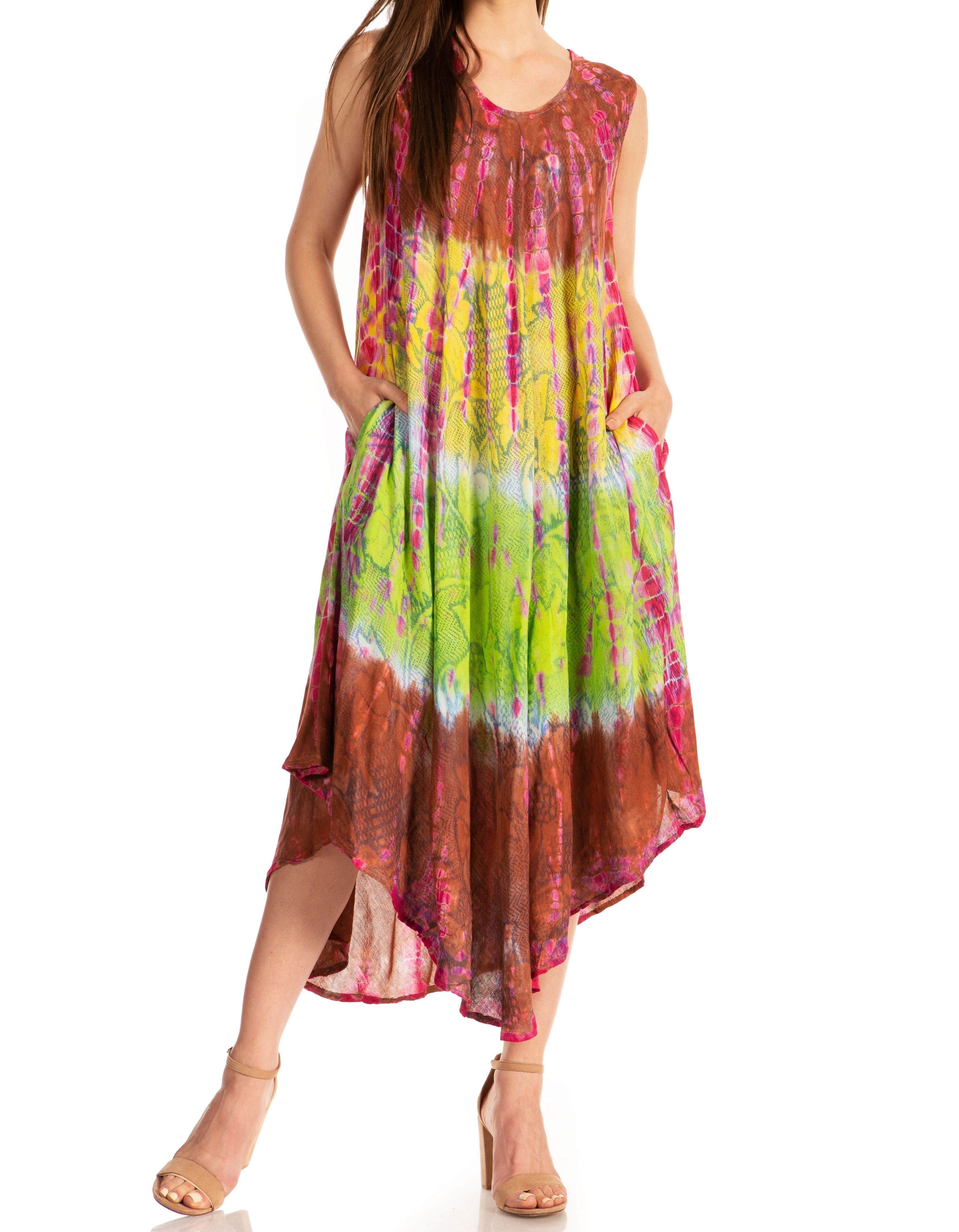 Woman wearing a colorful tie-dye dress on a white background