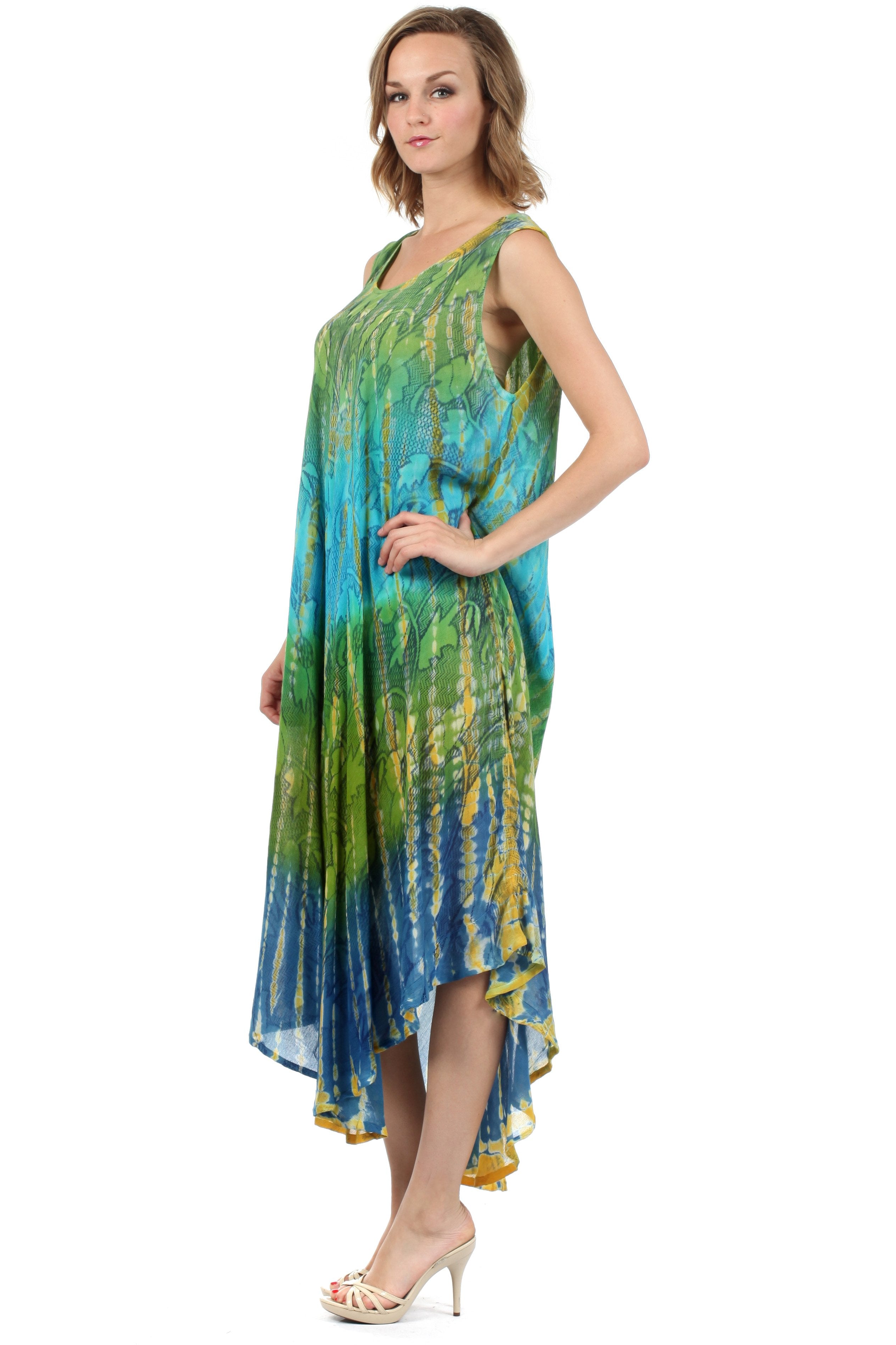Woman wearing a colorful dress with a white background