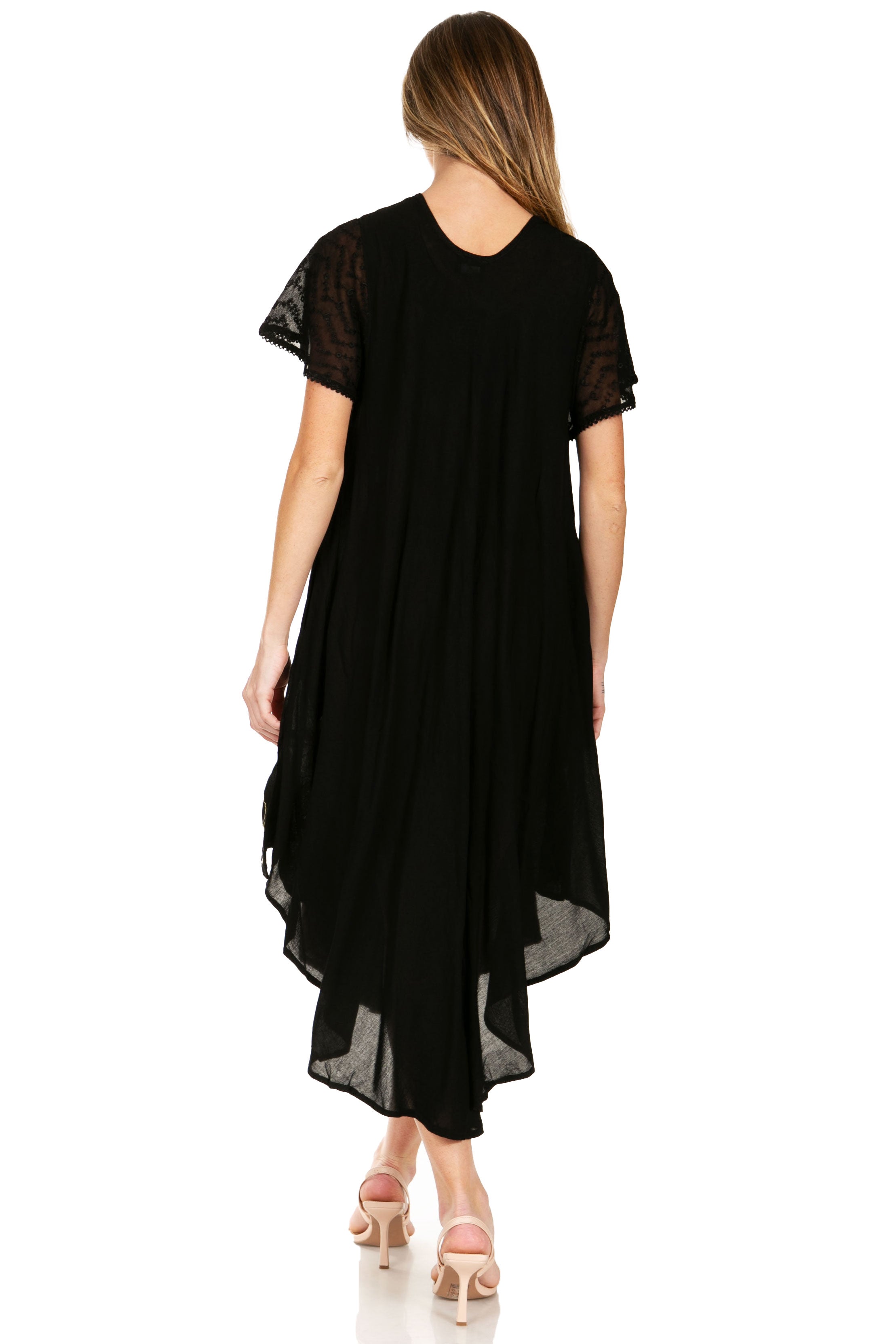 Black dress with sheer sleeves on a white background