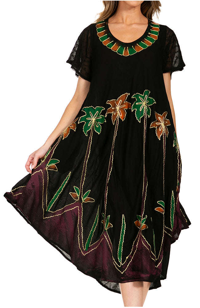 Black dress with floral embroidery on a white background