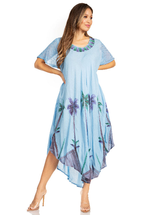 Woman wearing a blue floral dress on a white background