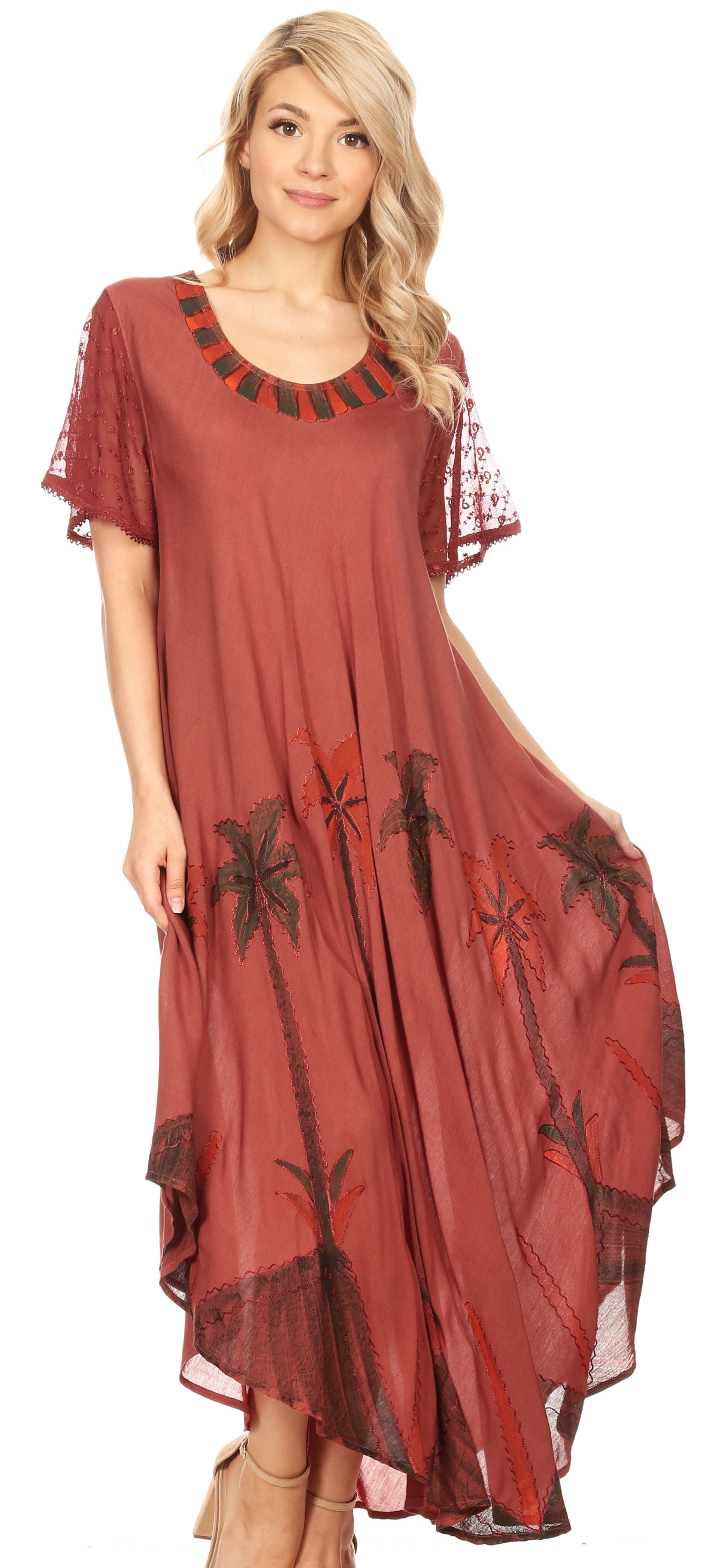Red dress with floral embroidery on a white background
