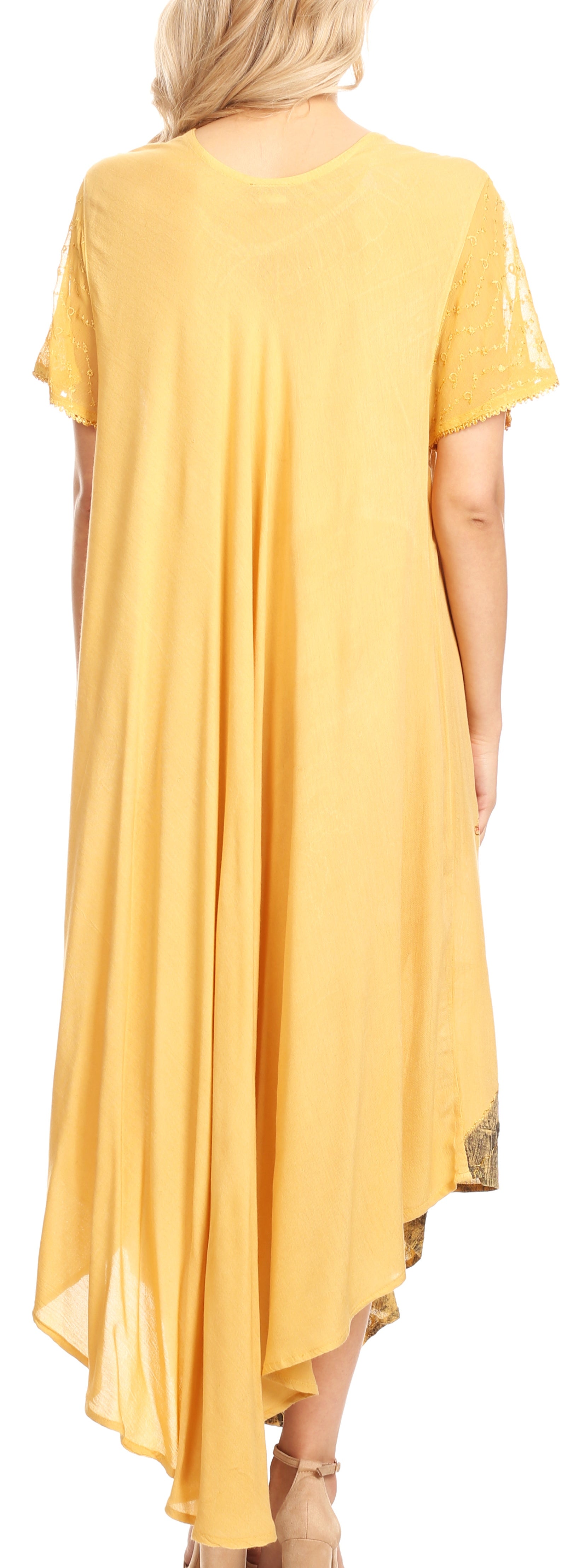 Yellow dress with lace trim on a plain background
