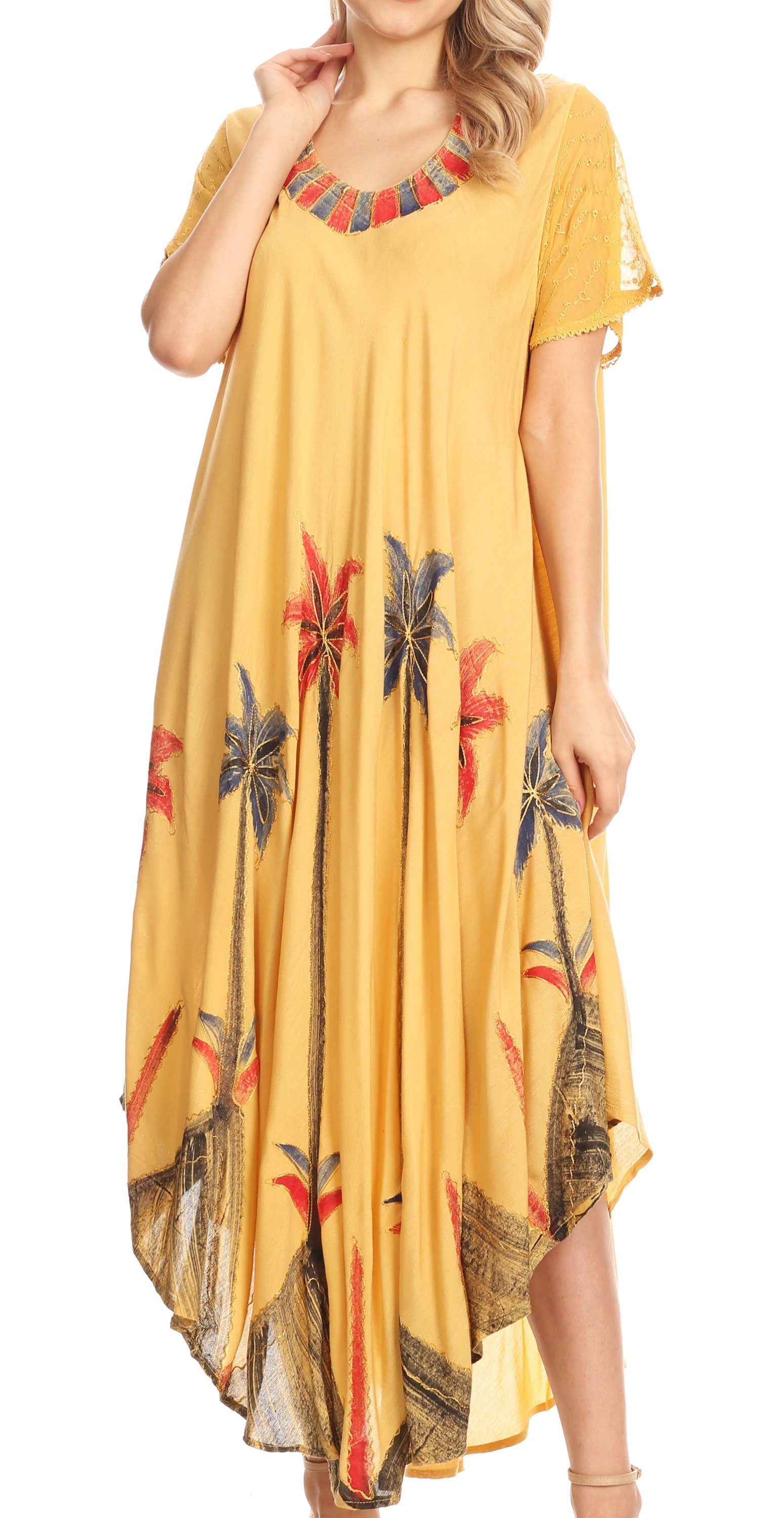 Yellow dress with floral patterns on a white background