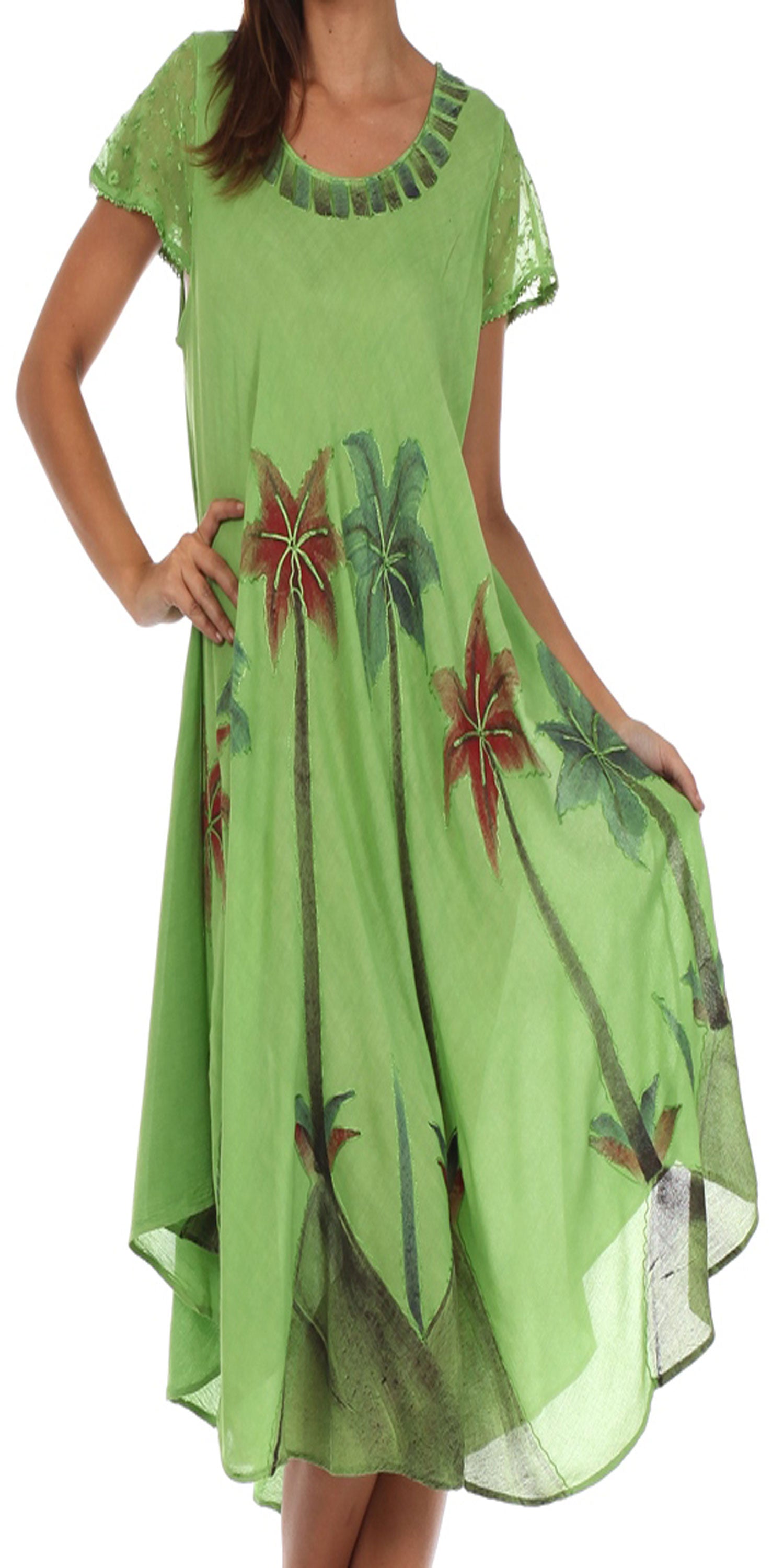 Green dress with floral patterns on a white background