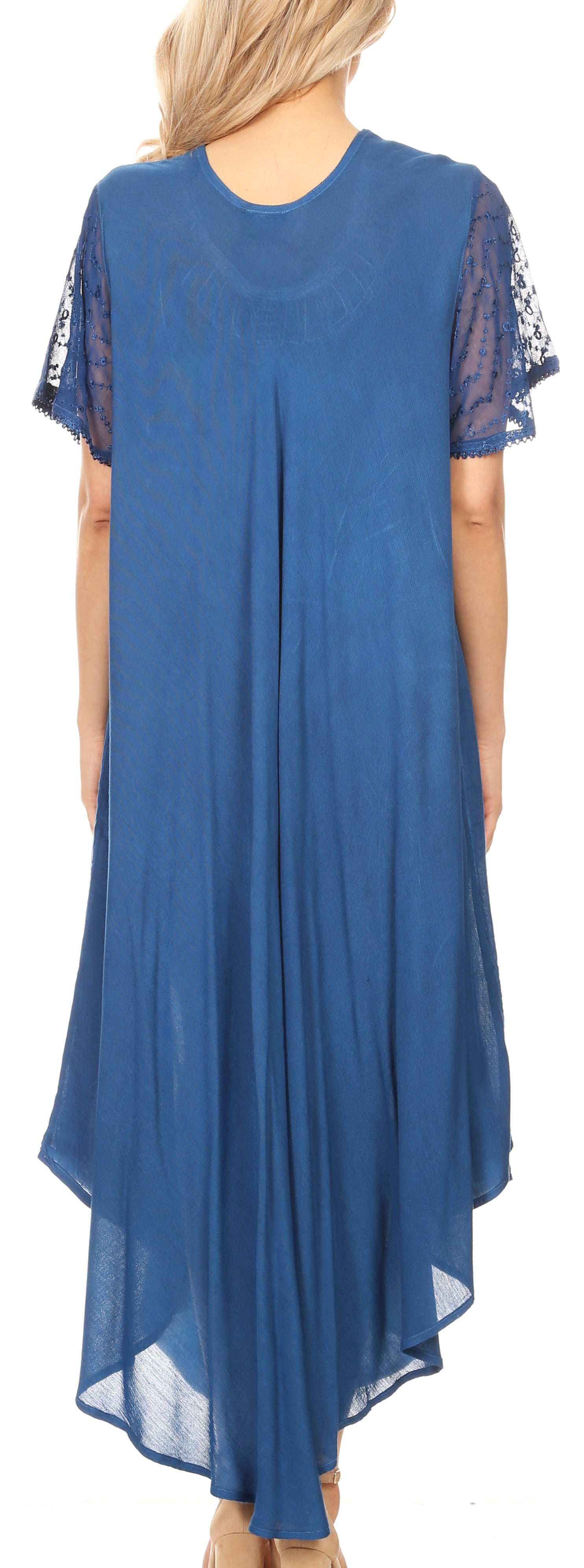 Blue dress with lace sleeves on a plain background