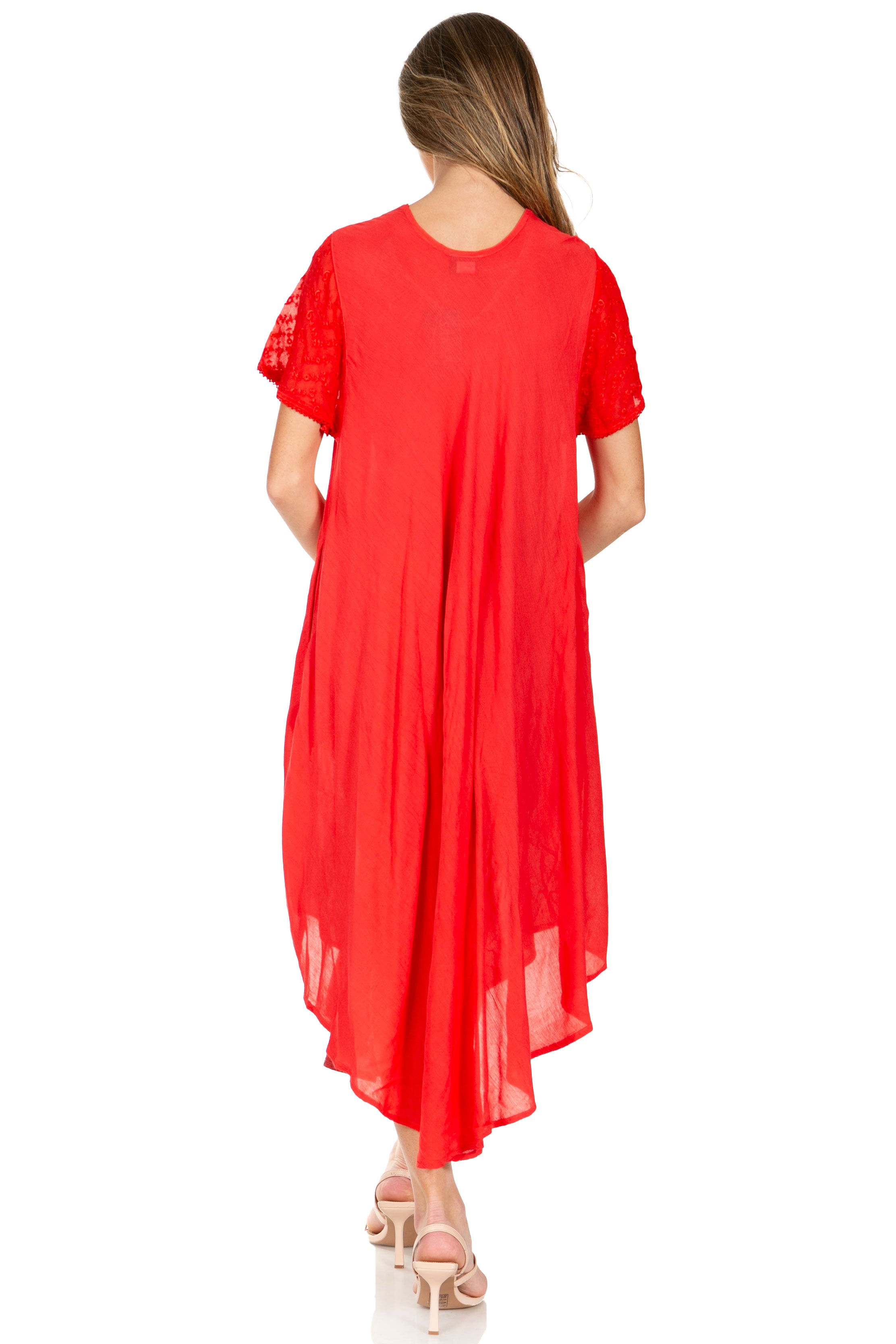 Red dress worn by a person on a white background