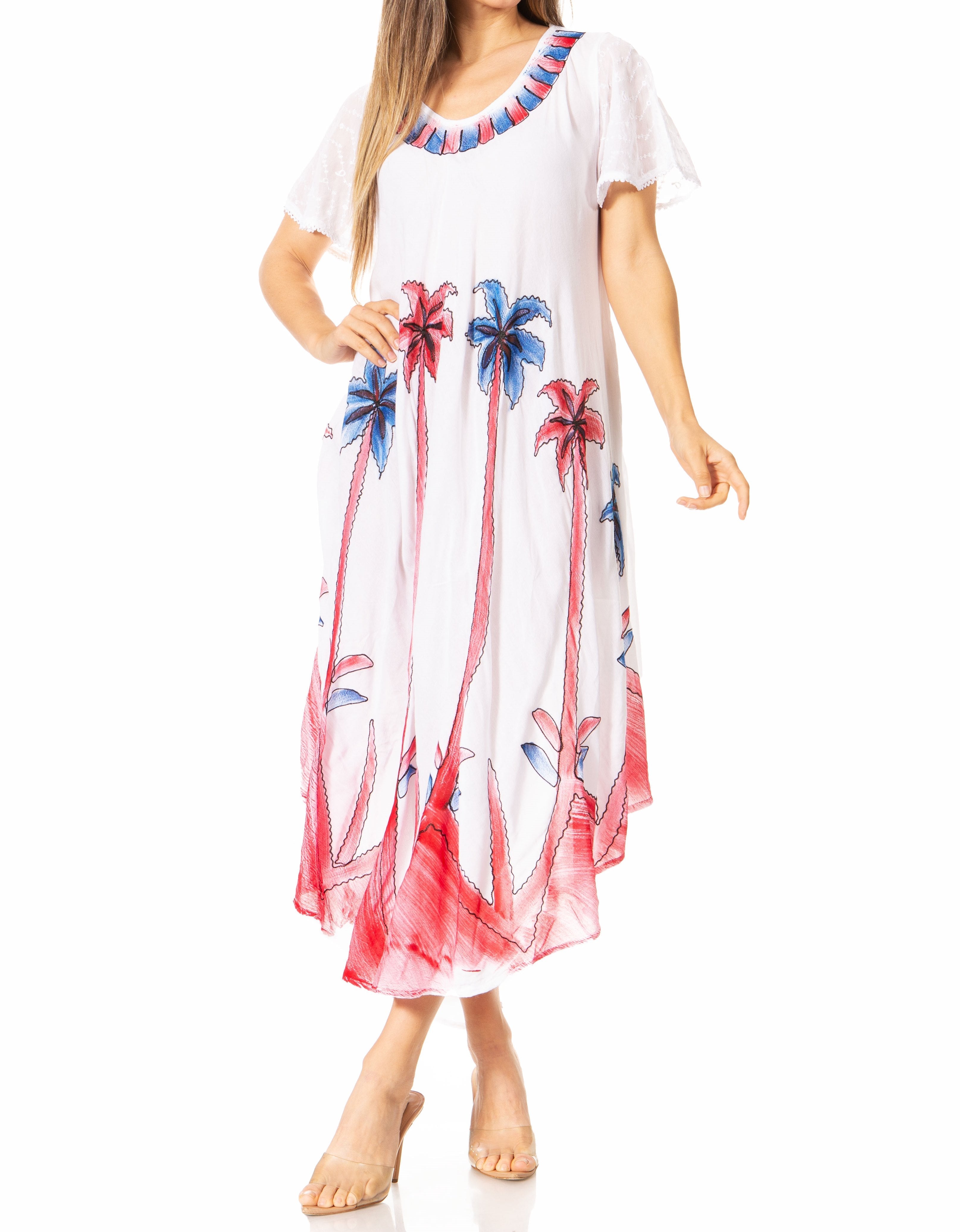 Woman wearing a white dress with red and blue palm tree patterns on a white background