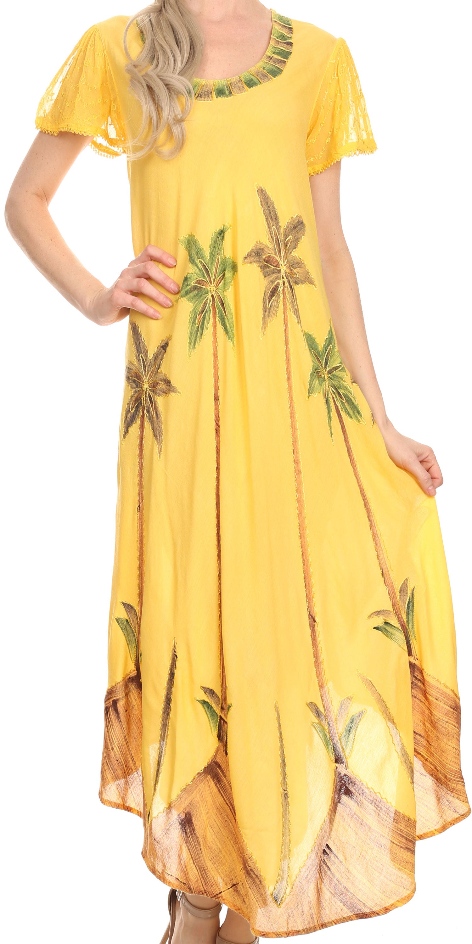 Yellow dress with floral patterns on a white background