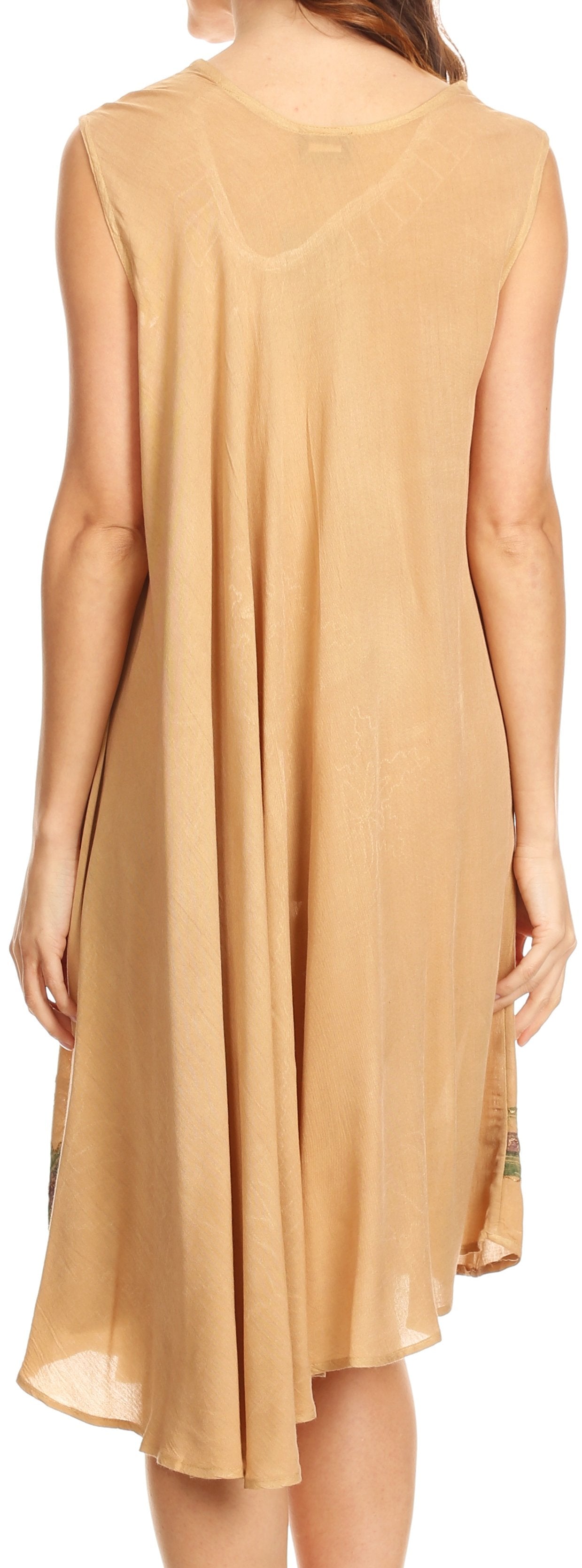 Beige sleeveless dress worn by a person on a white background