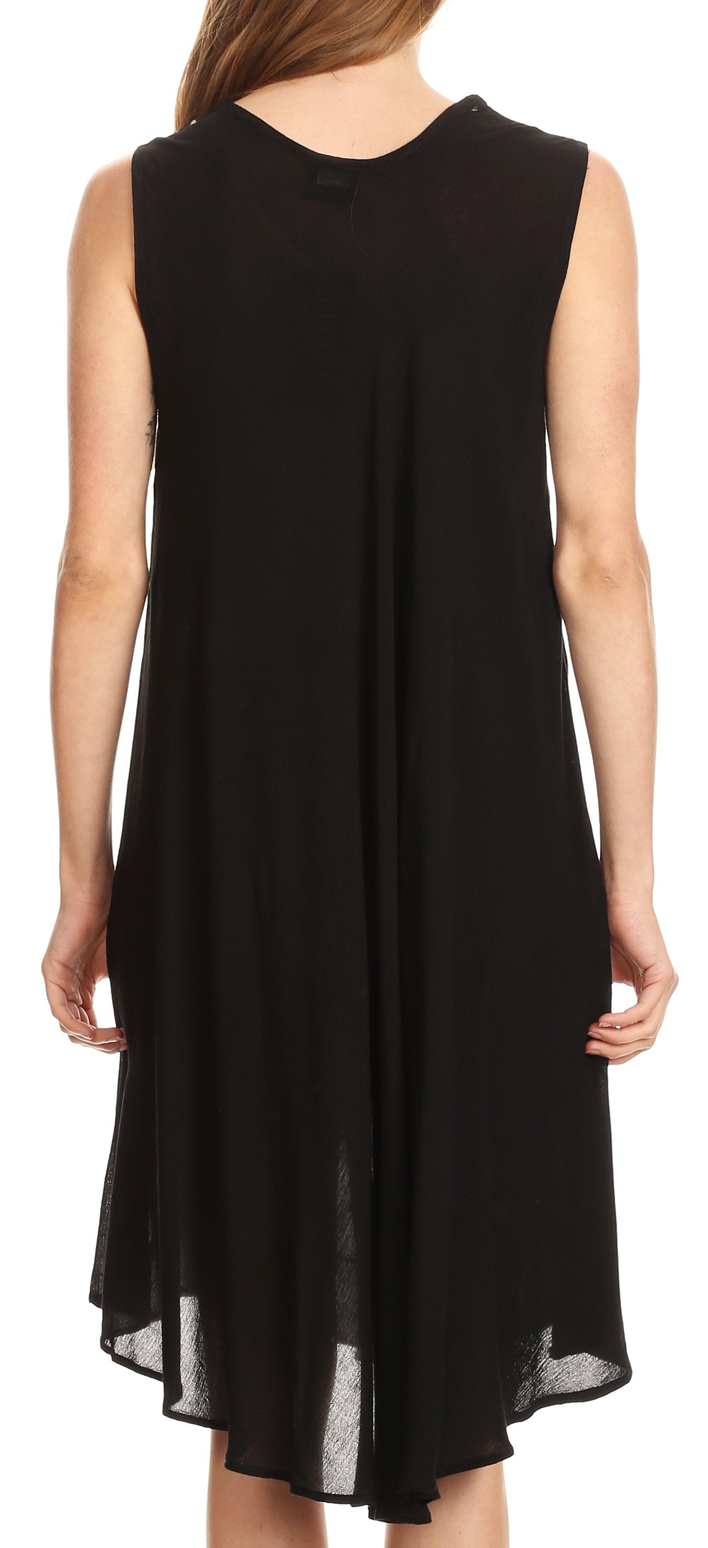 Black sleeveless dress worn by a model on a white background