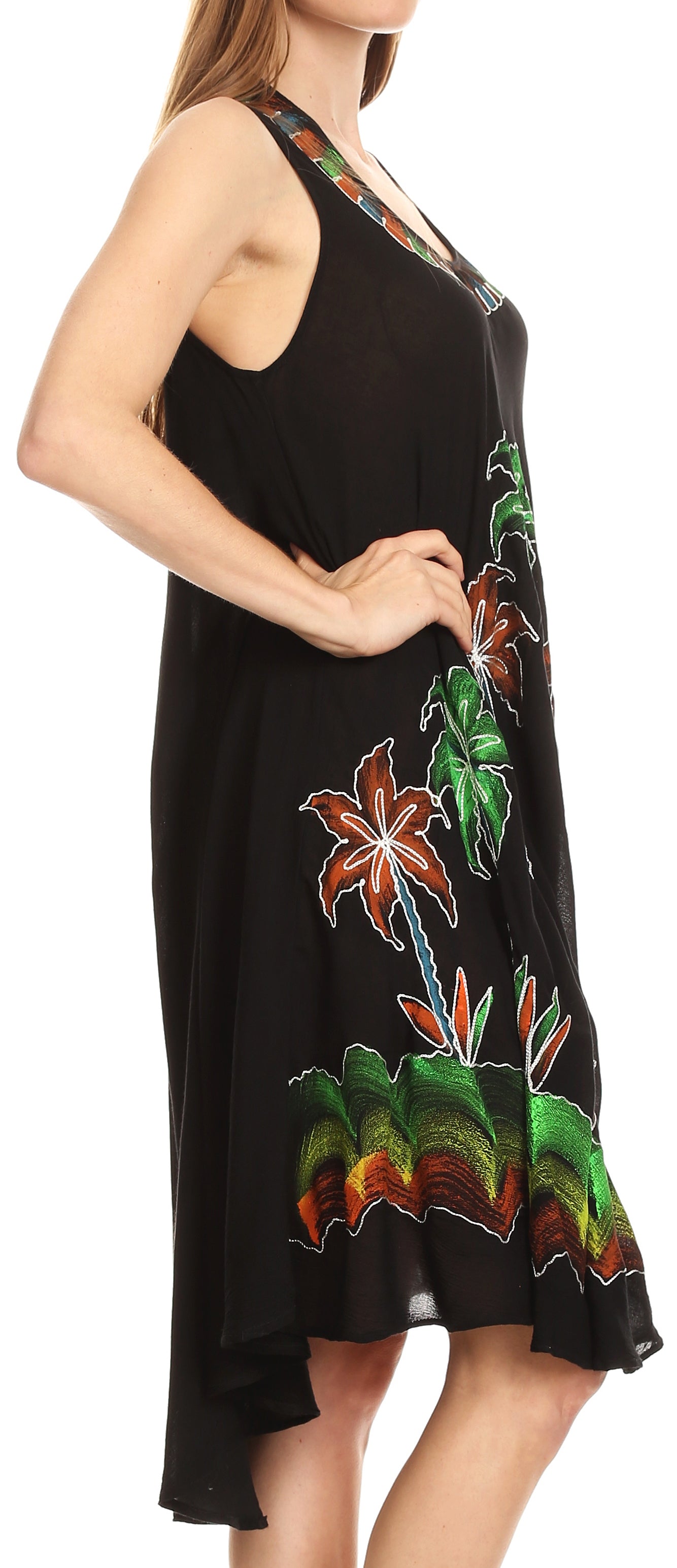 Black dress with colorful floral patterns on a white background