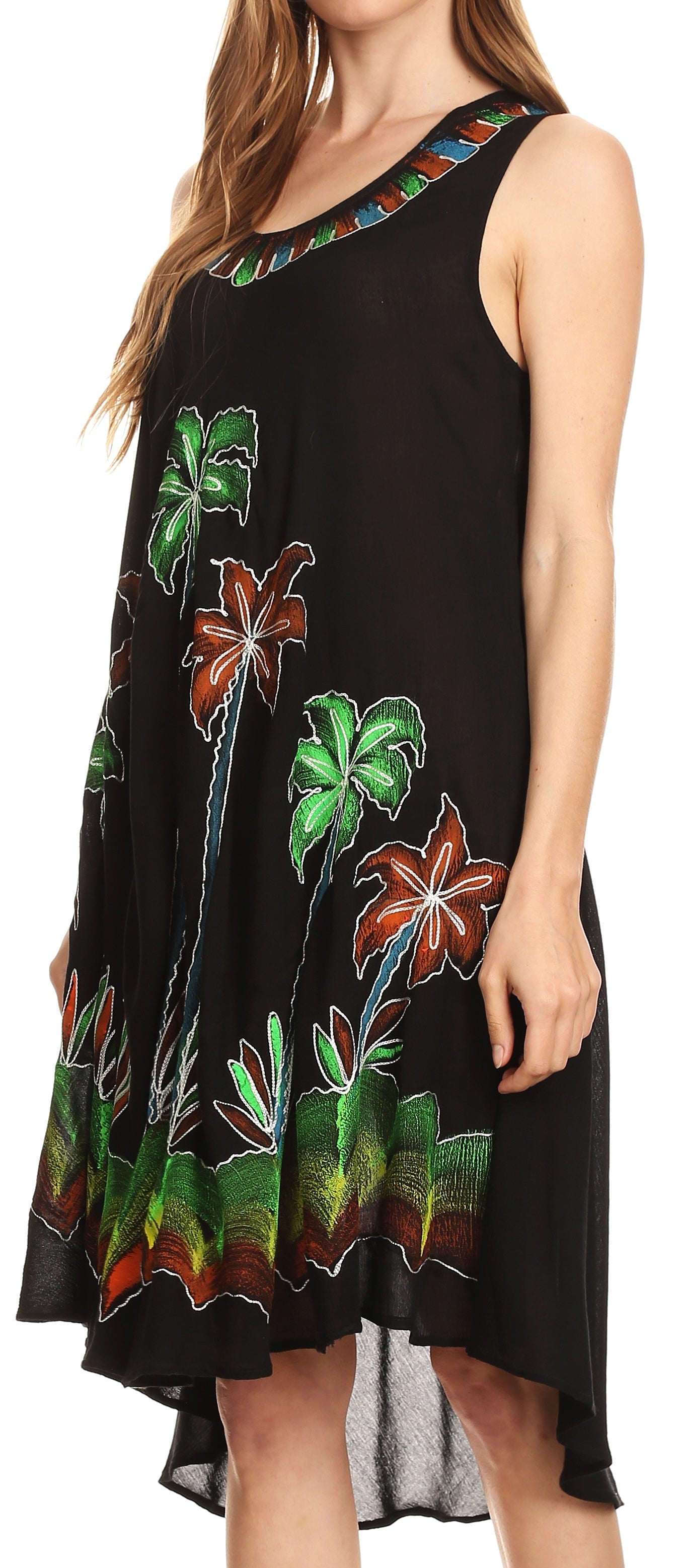 Black dress with colorful floral embroidery on a white background