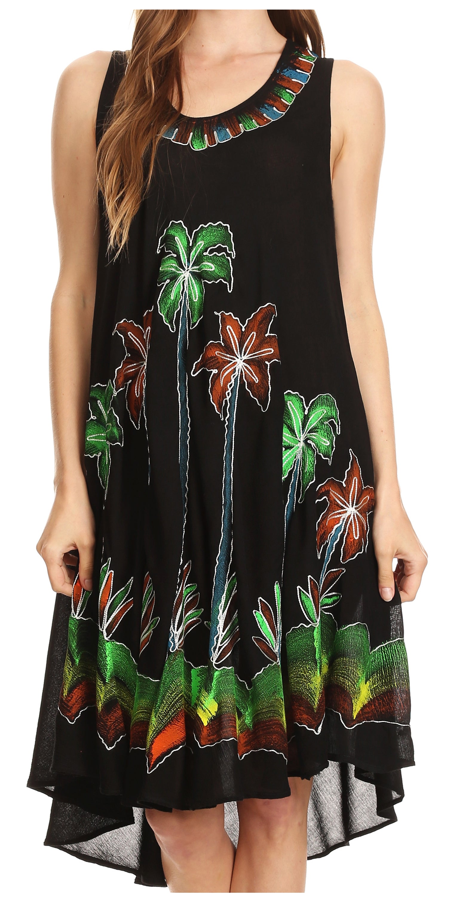 Black dress with colorful floral embroidery on a white background