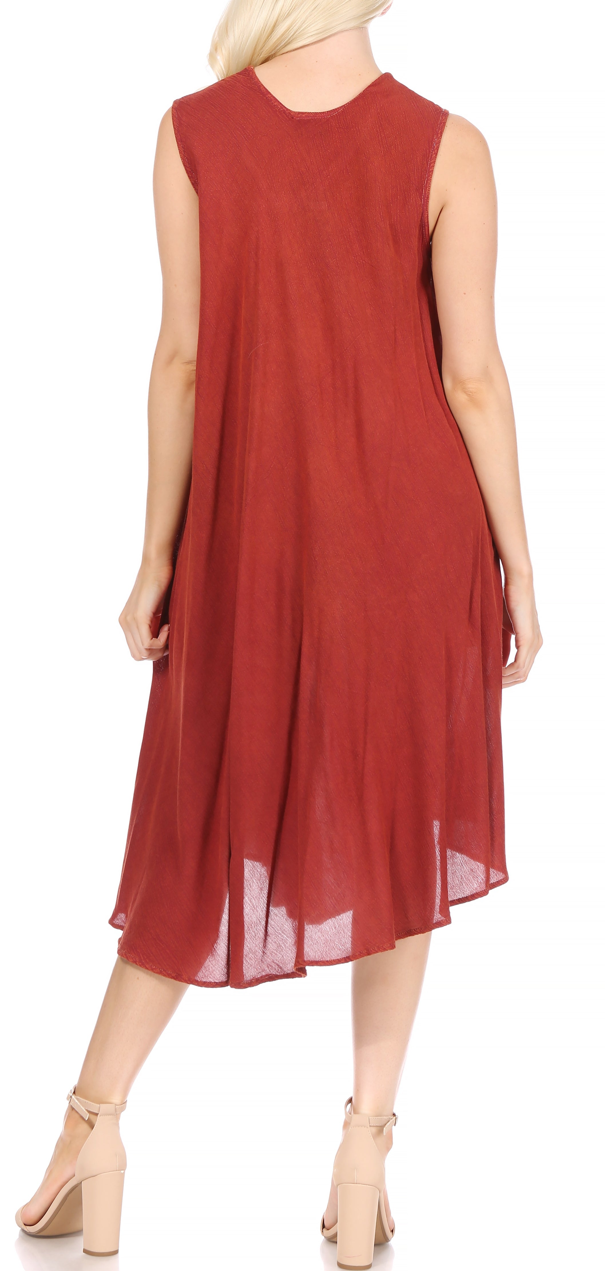 Red sleeveless dress worn by a model on a white background