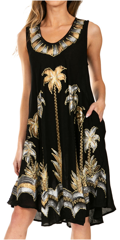 Black sleeveless dress with gold and silver floral embroidery on a white background