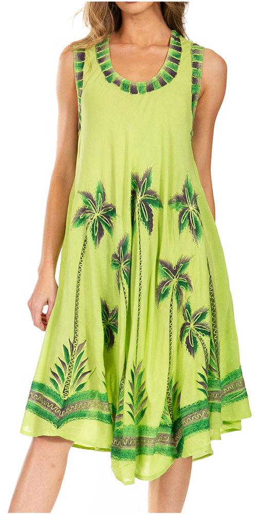 Green dress with palm tree pattern on a white background