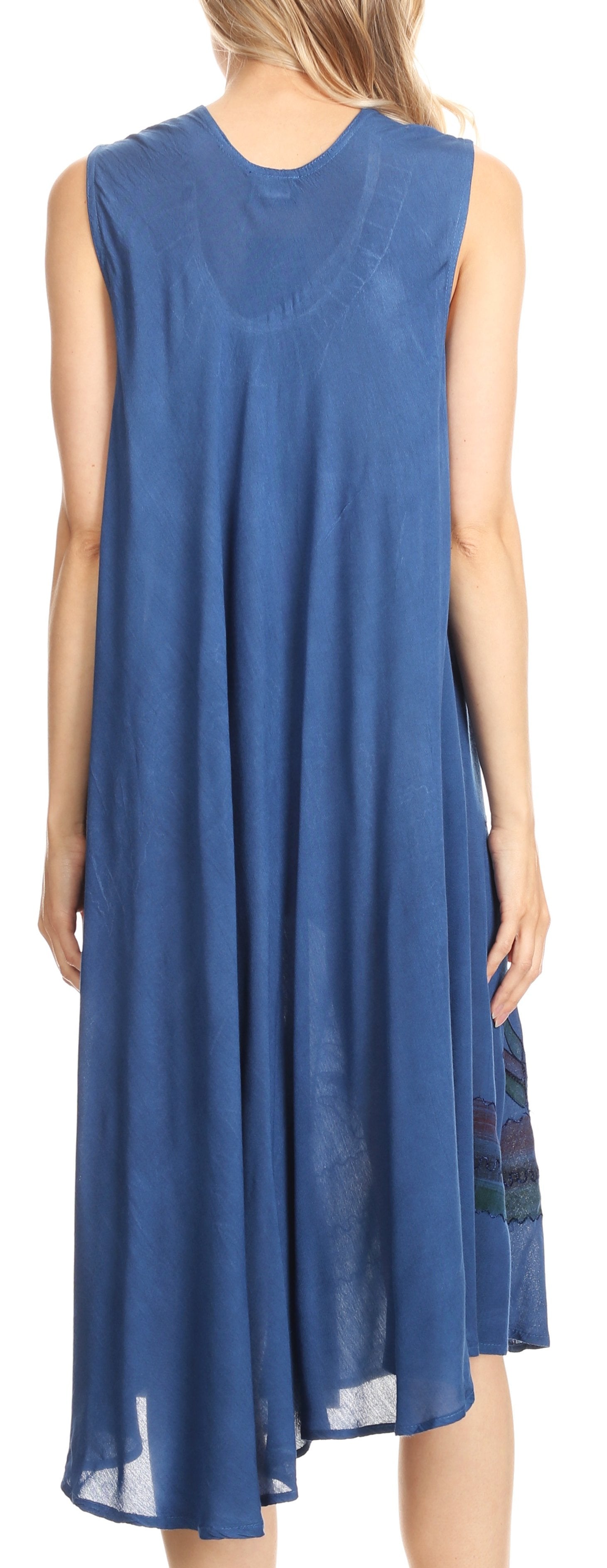 Blue sleeveless dress with a colorful hem on a white background