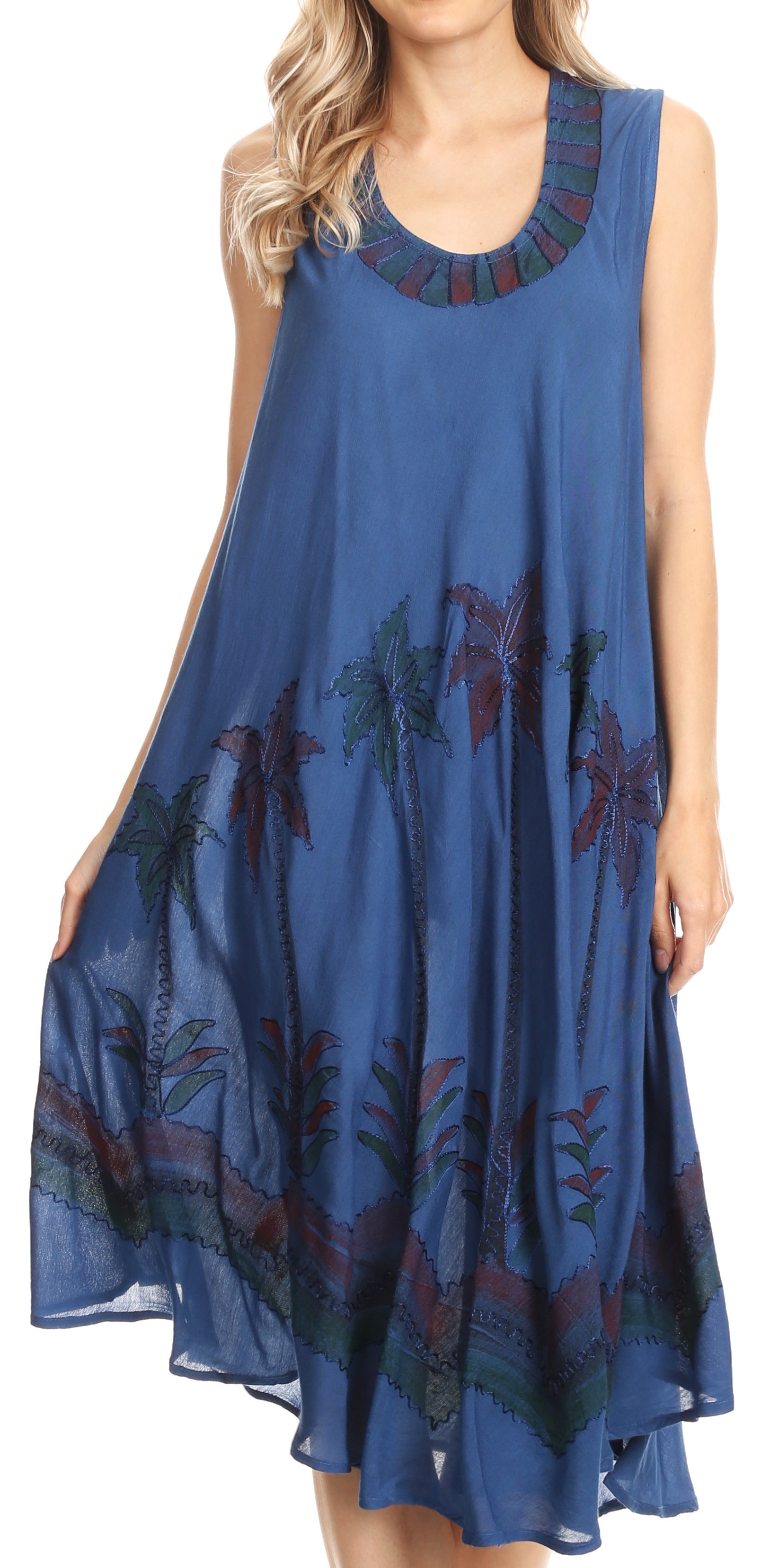 Blue dress with palm tree pattern worn by a model on a white background