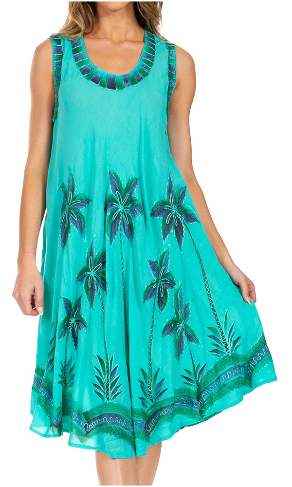 Turquoise dress with palm tree pattern on a white background