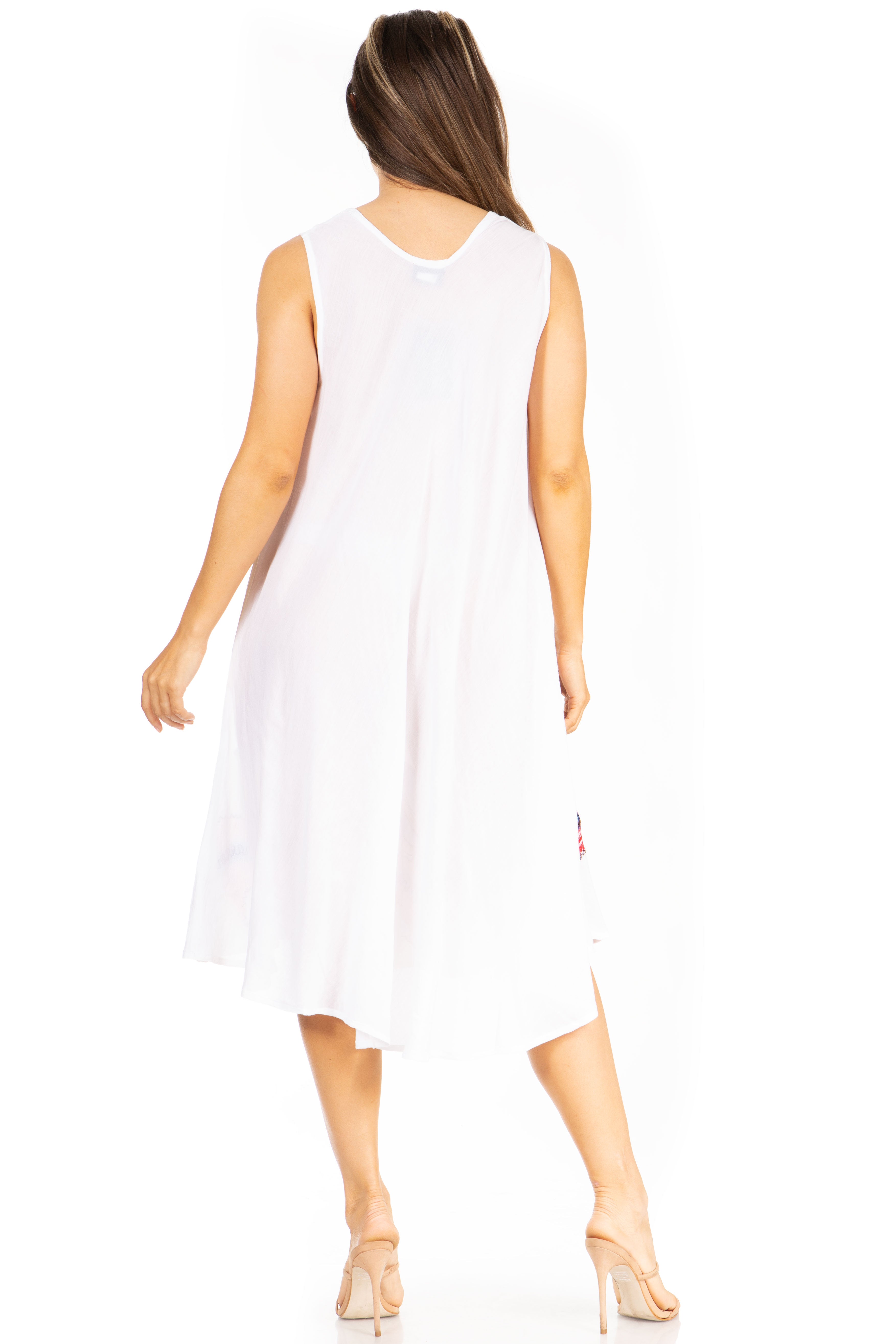 Woman wearing a white sleeveless dress on a white background