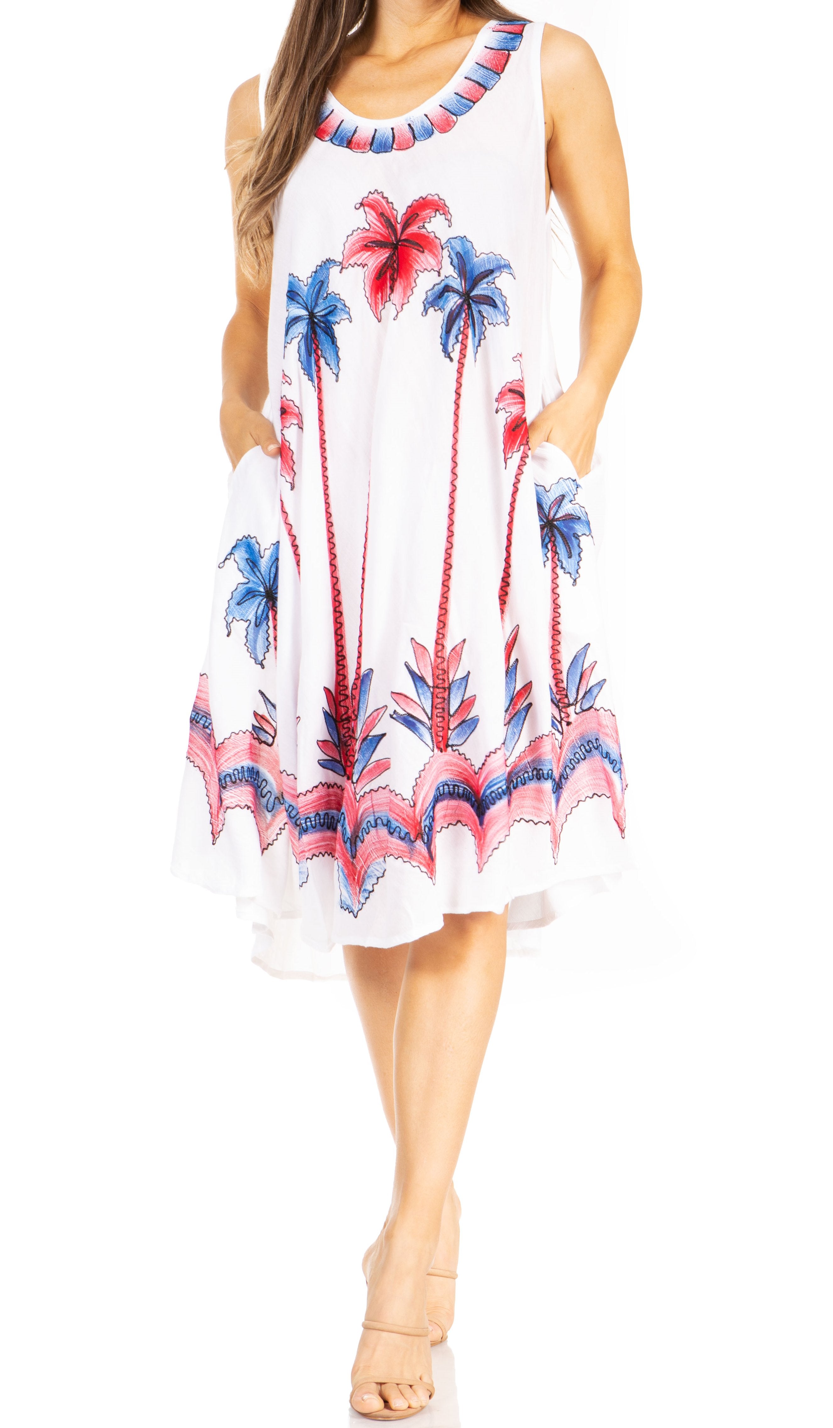 Woman wearing a sleeveless dress with palm tree and flower pattern on a white background