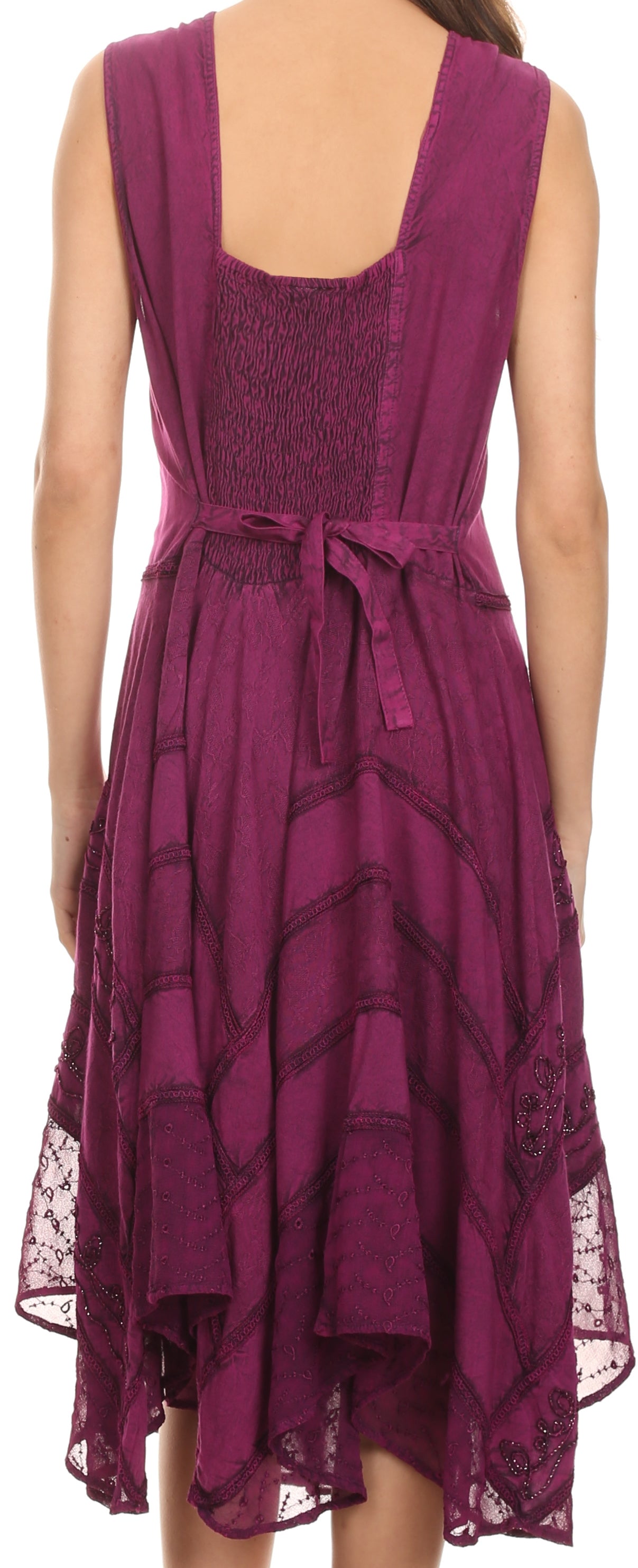 Purple lace dress with a backless design on a model