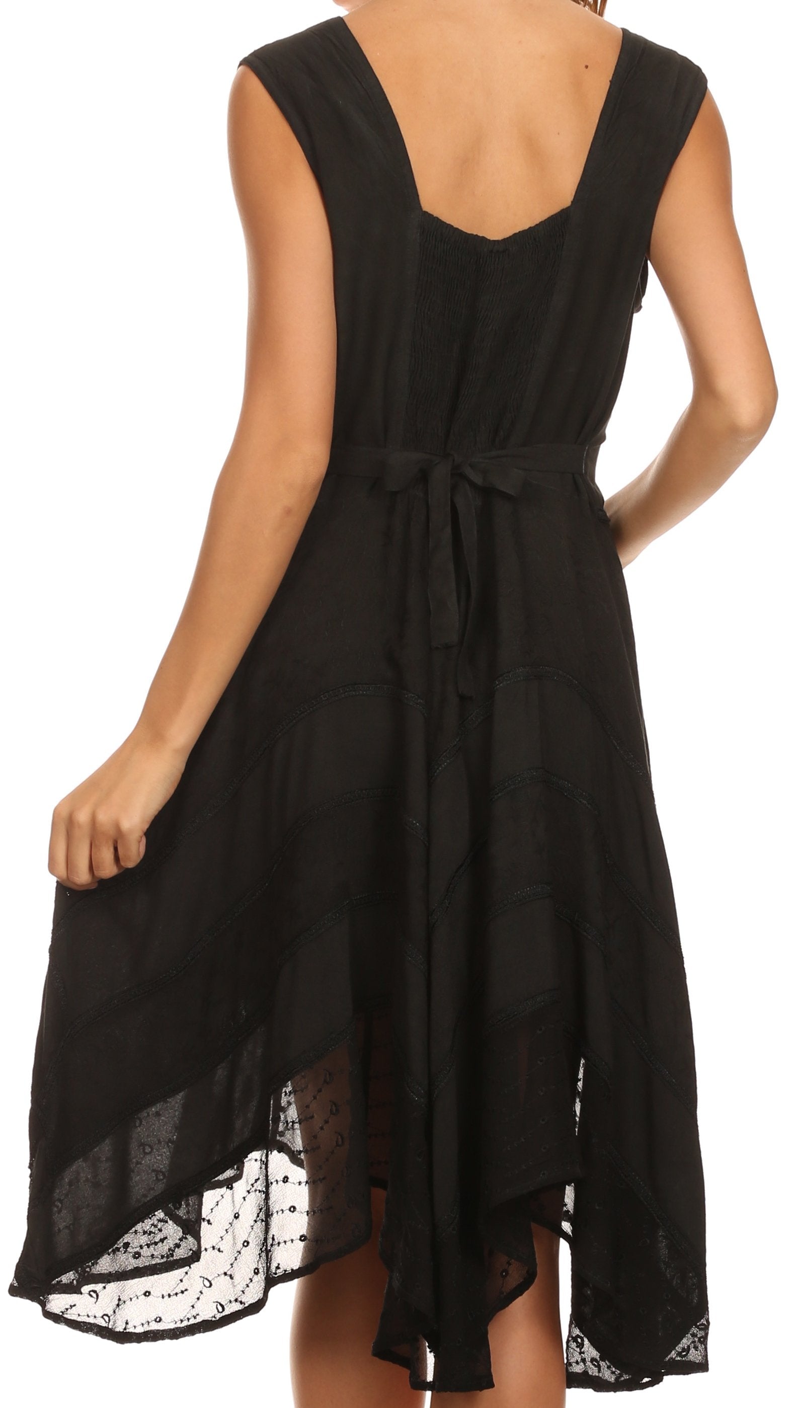 Black dress with lace details on a white background