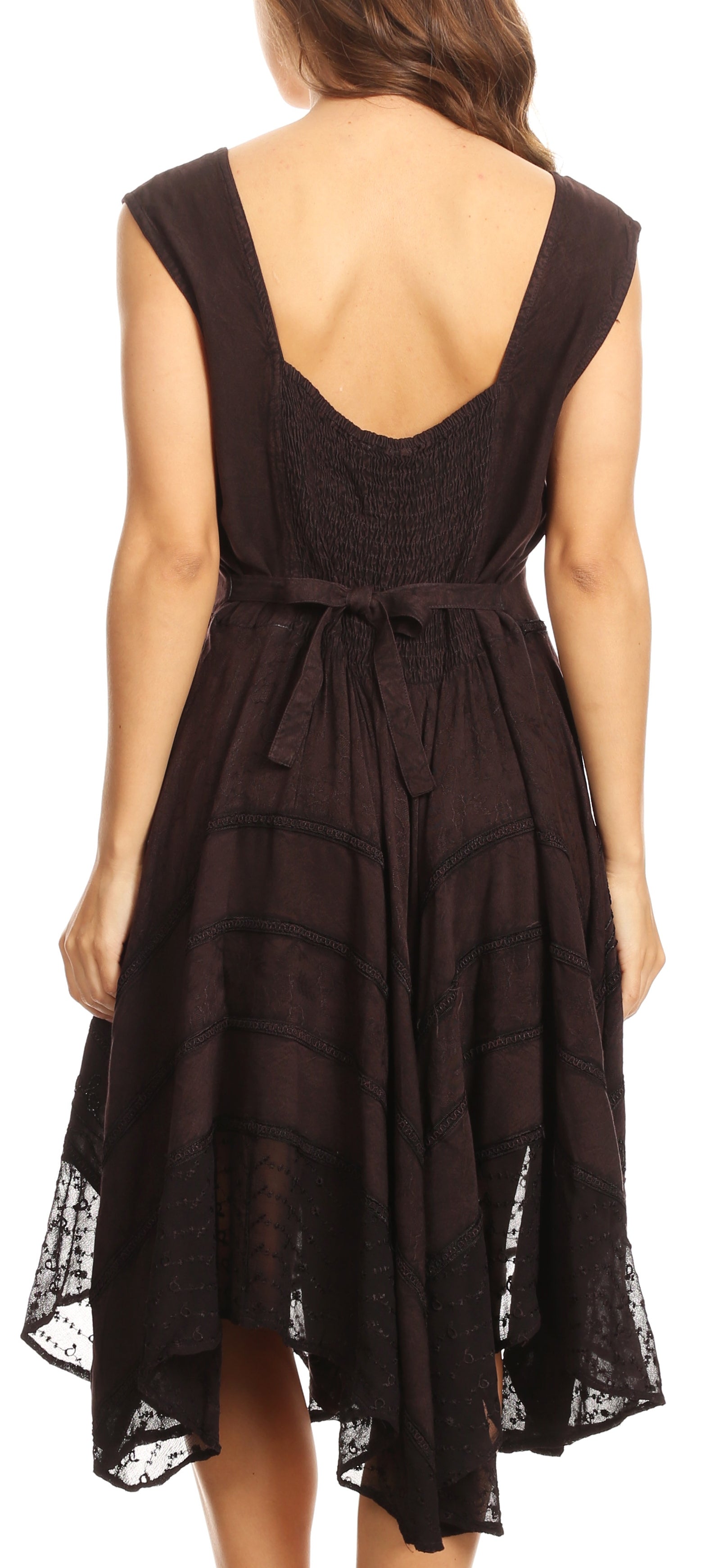 Brown lace dress with a backless design on a white background