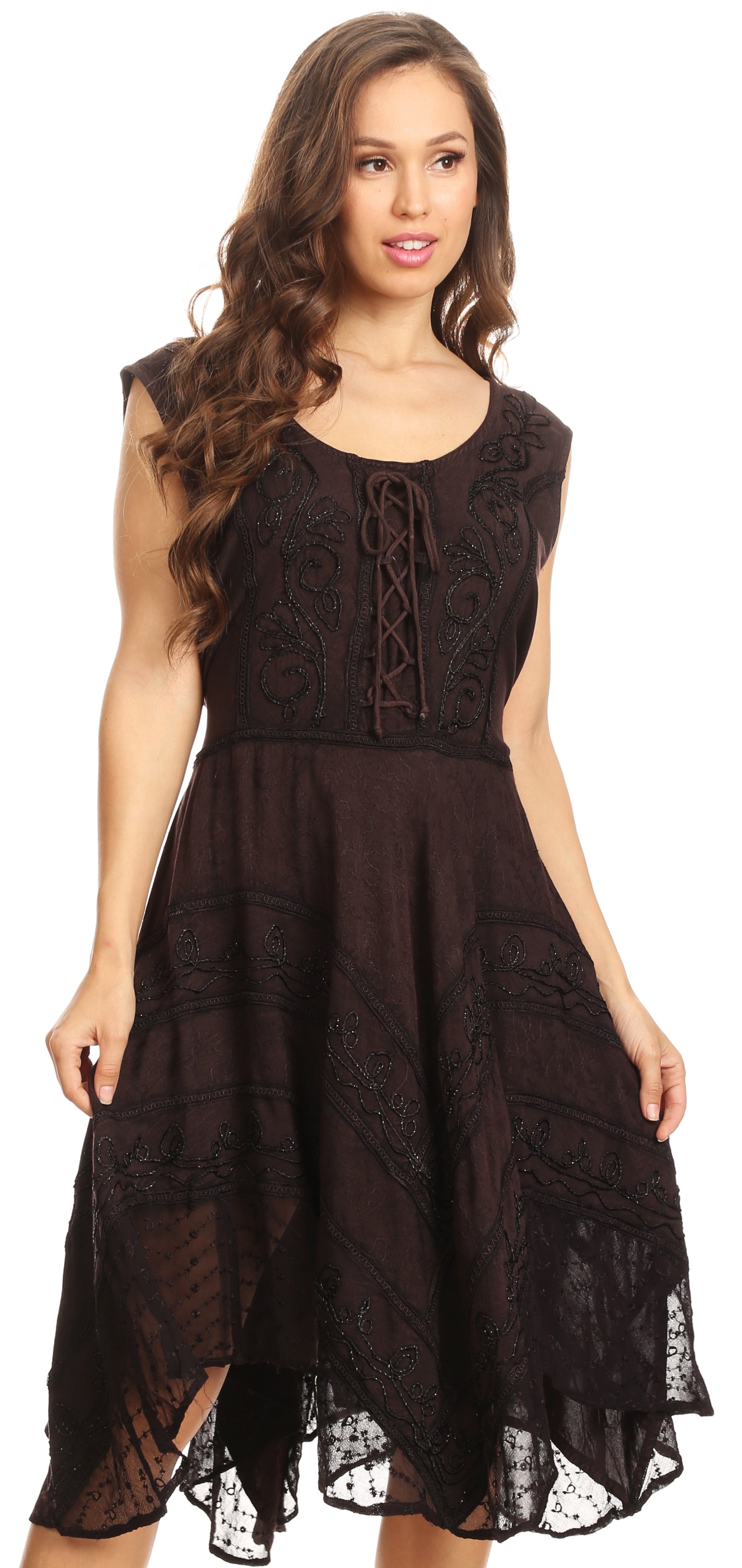 Woman wearing a black lace dress on a white background