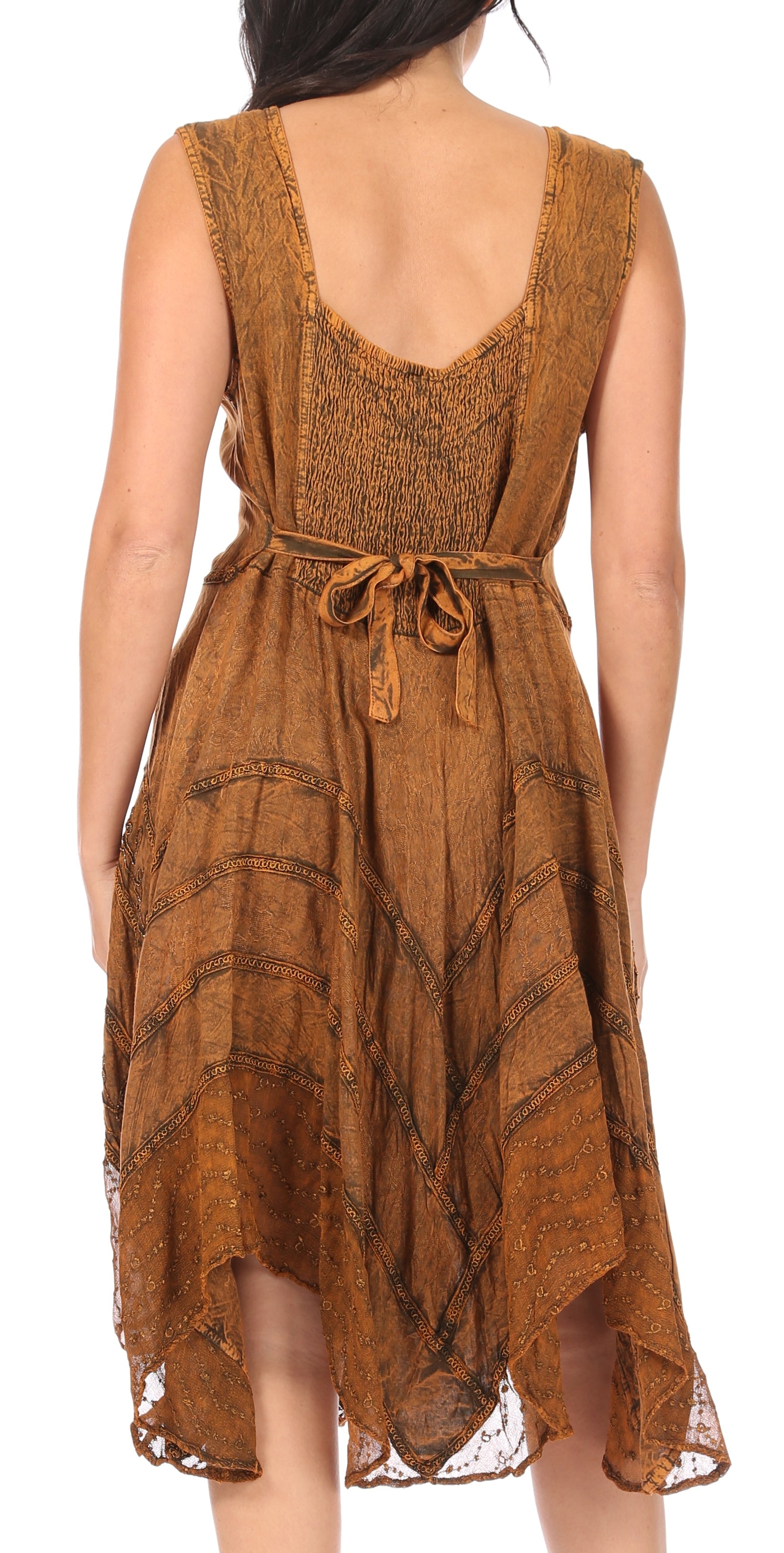 Brown patterned dress with a tie waist on a white background