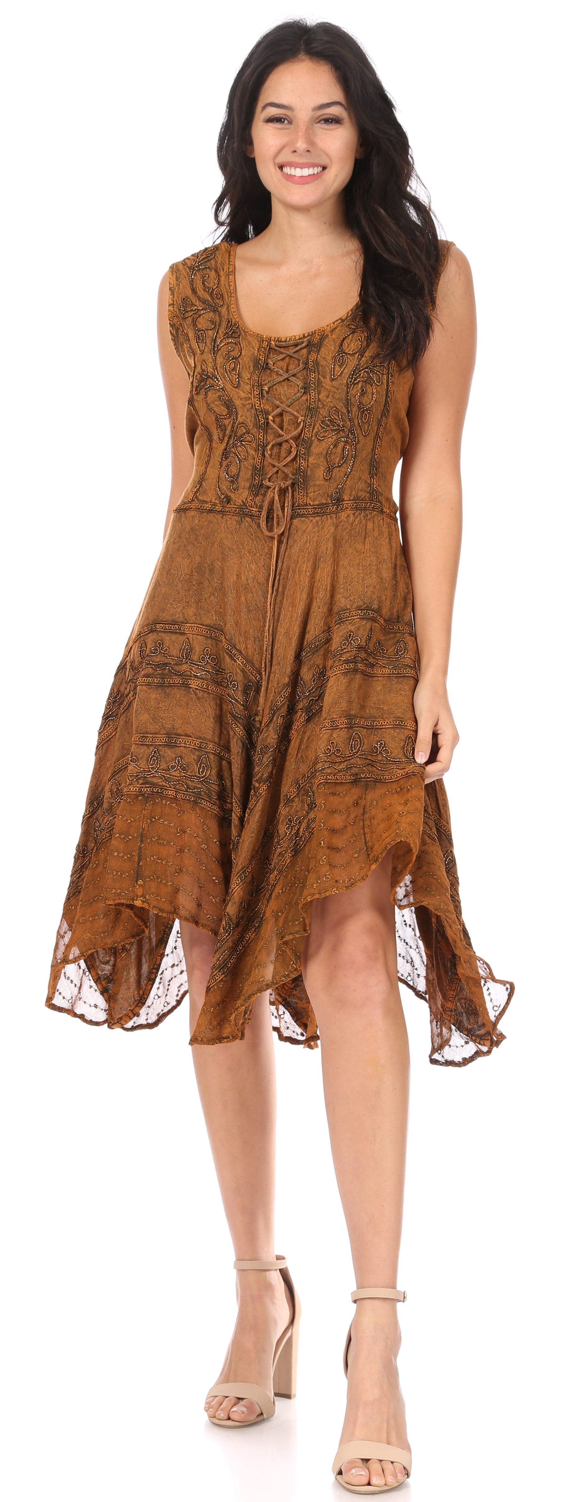 Woman wearing a brown lace dress on a white background