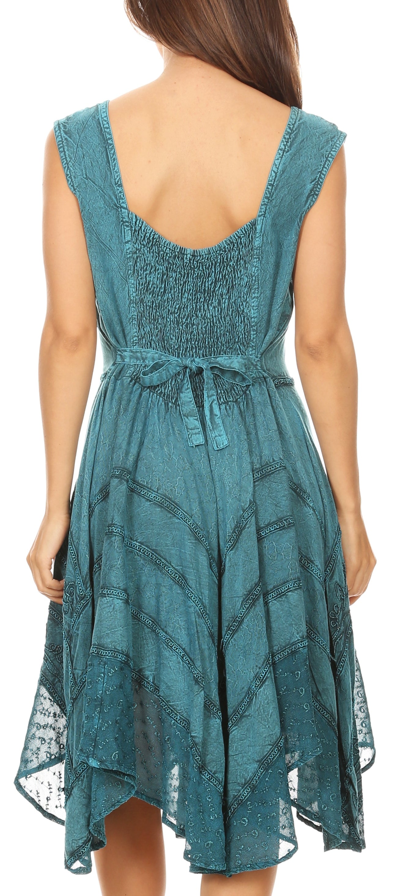 Teal dress with lace details on a white background
