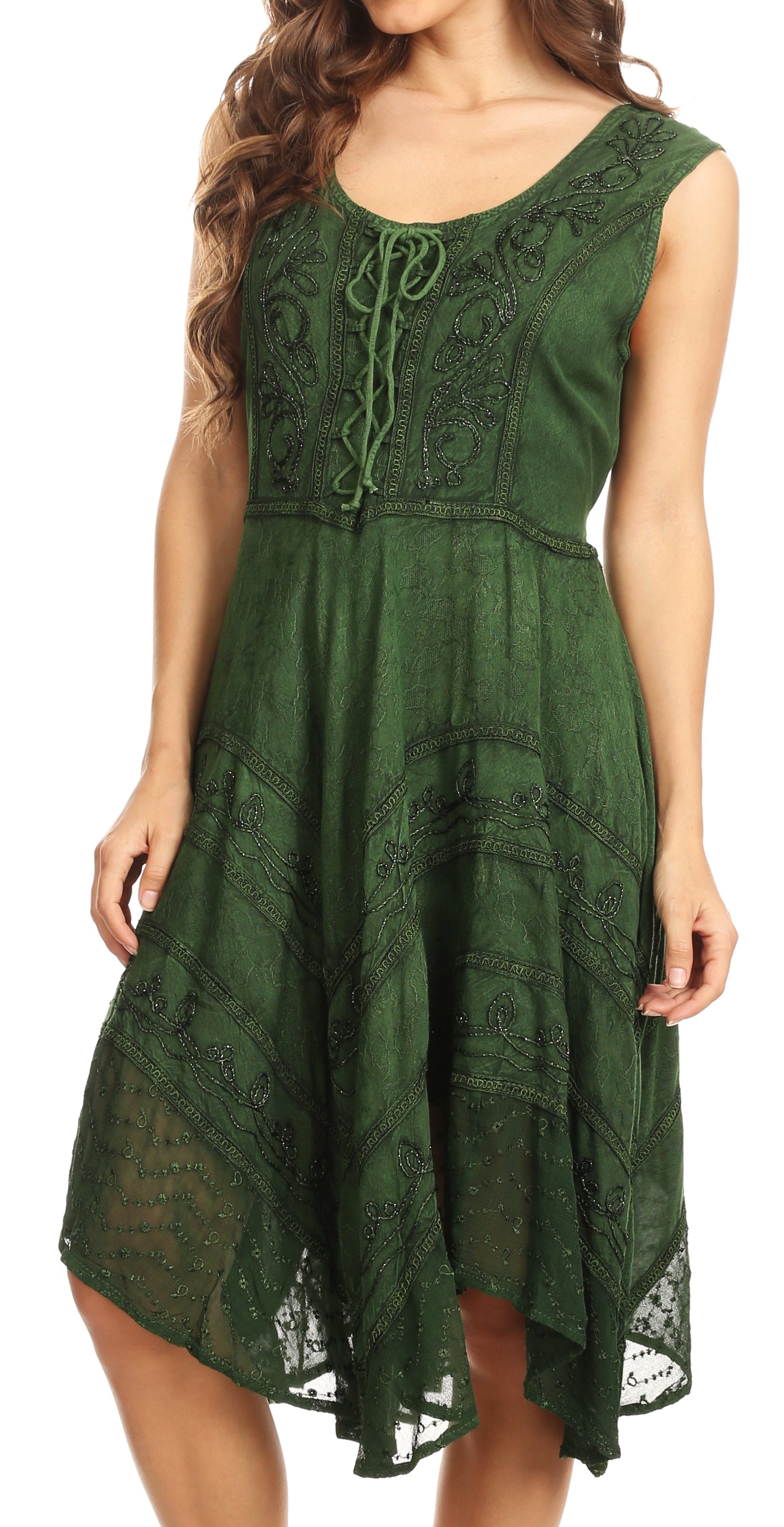 Green lace dress worn by a model on a white background