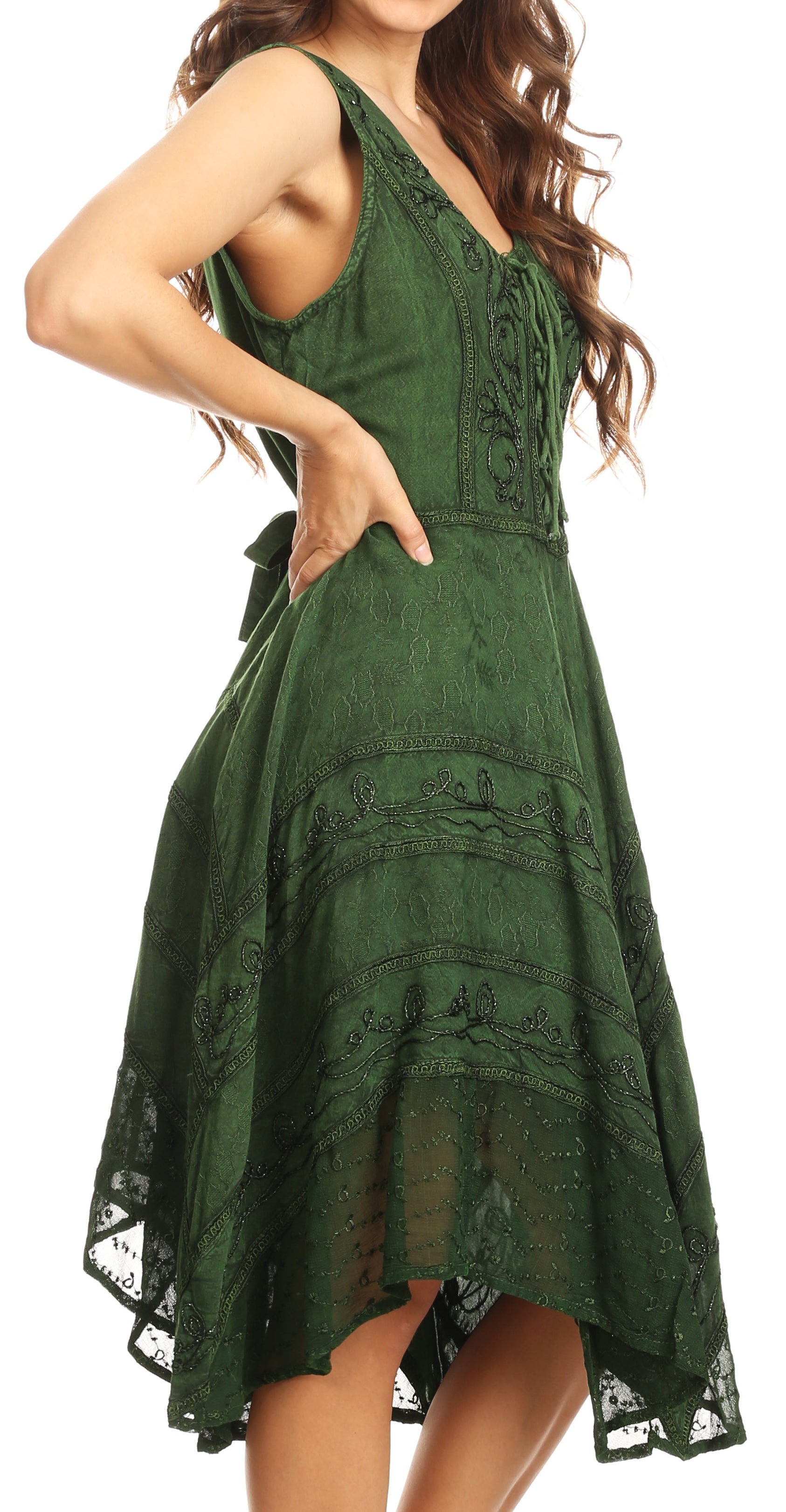 Green lace dress worn by a model on a white background