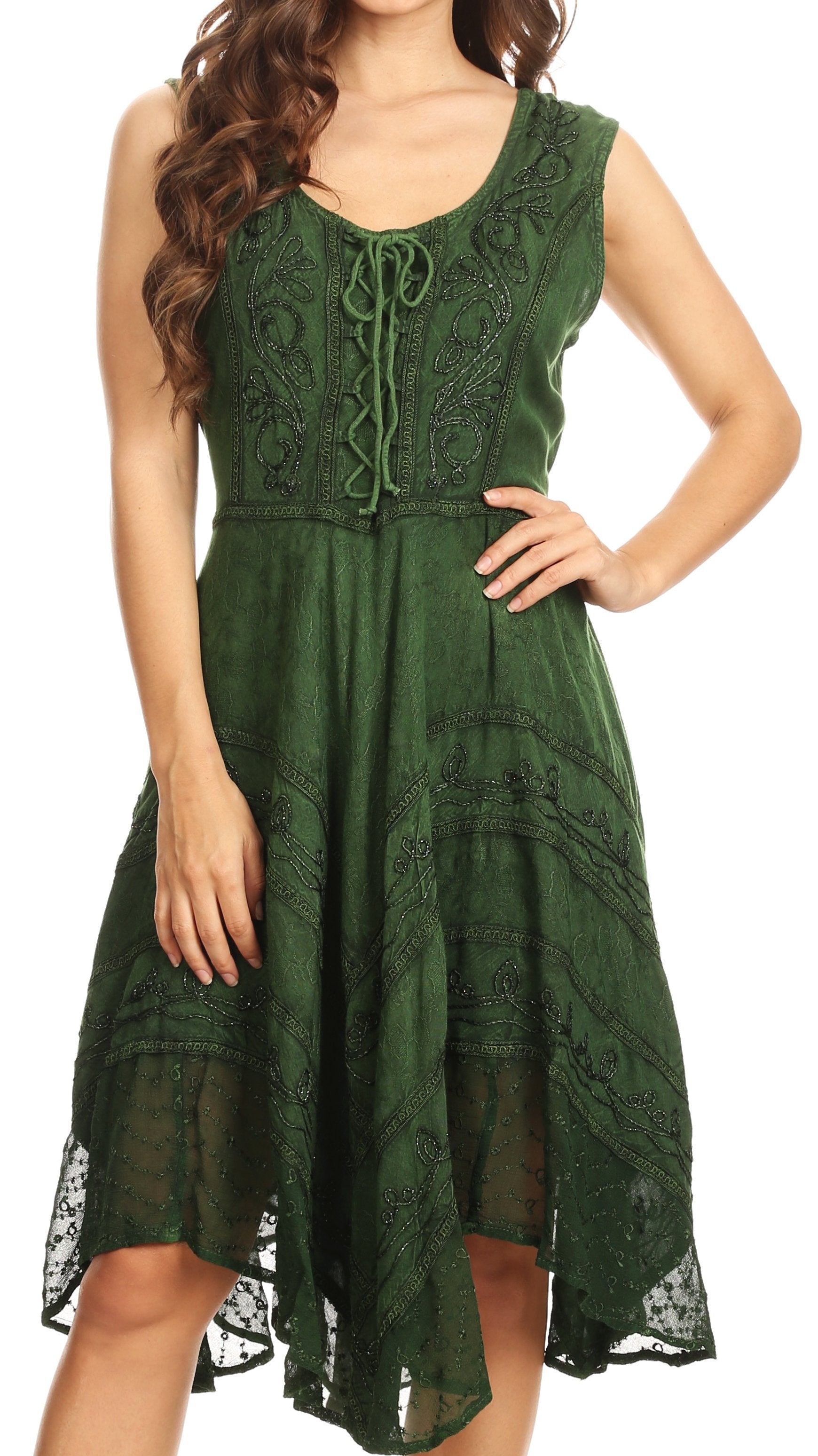 Green lace dress worn by a model on a white background