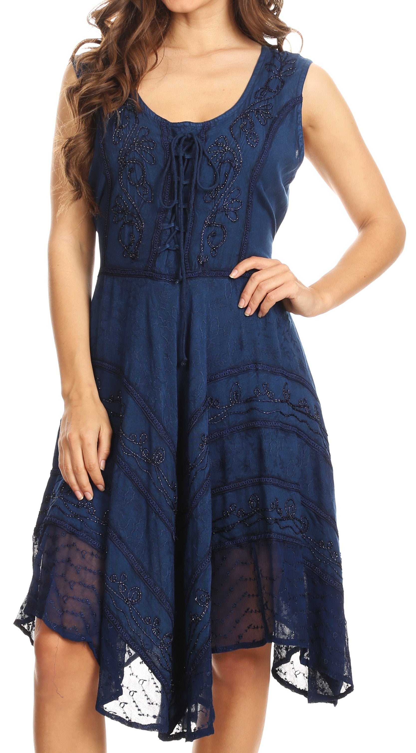 Navy blue lace dress worn by a model on a white background