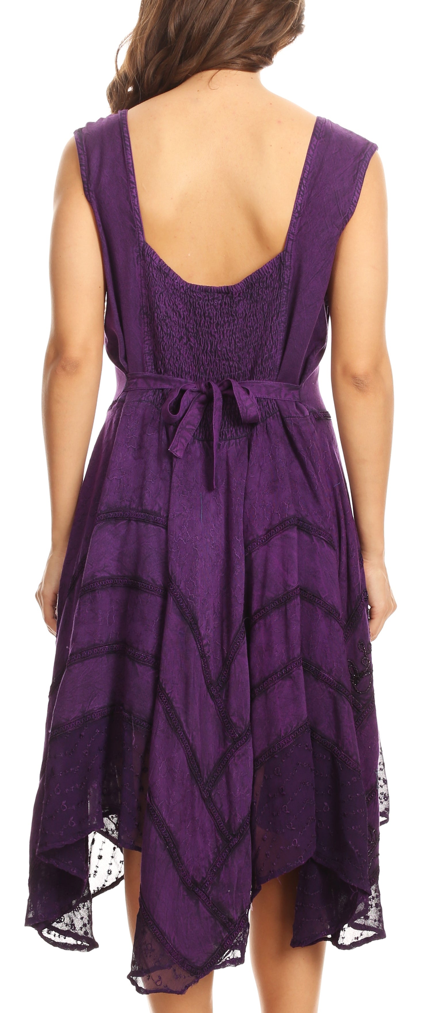 Purple lace dress with a back view on a white background