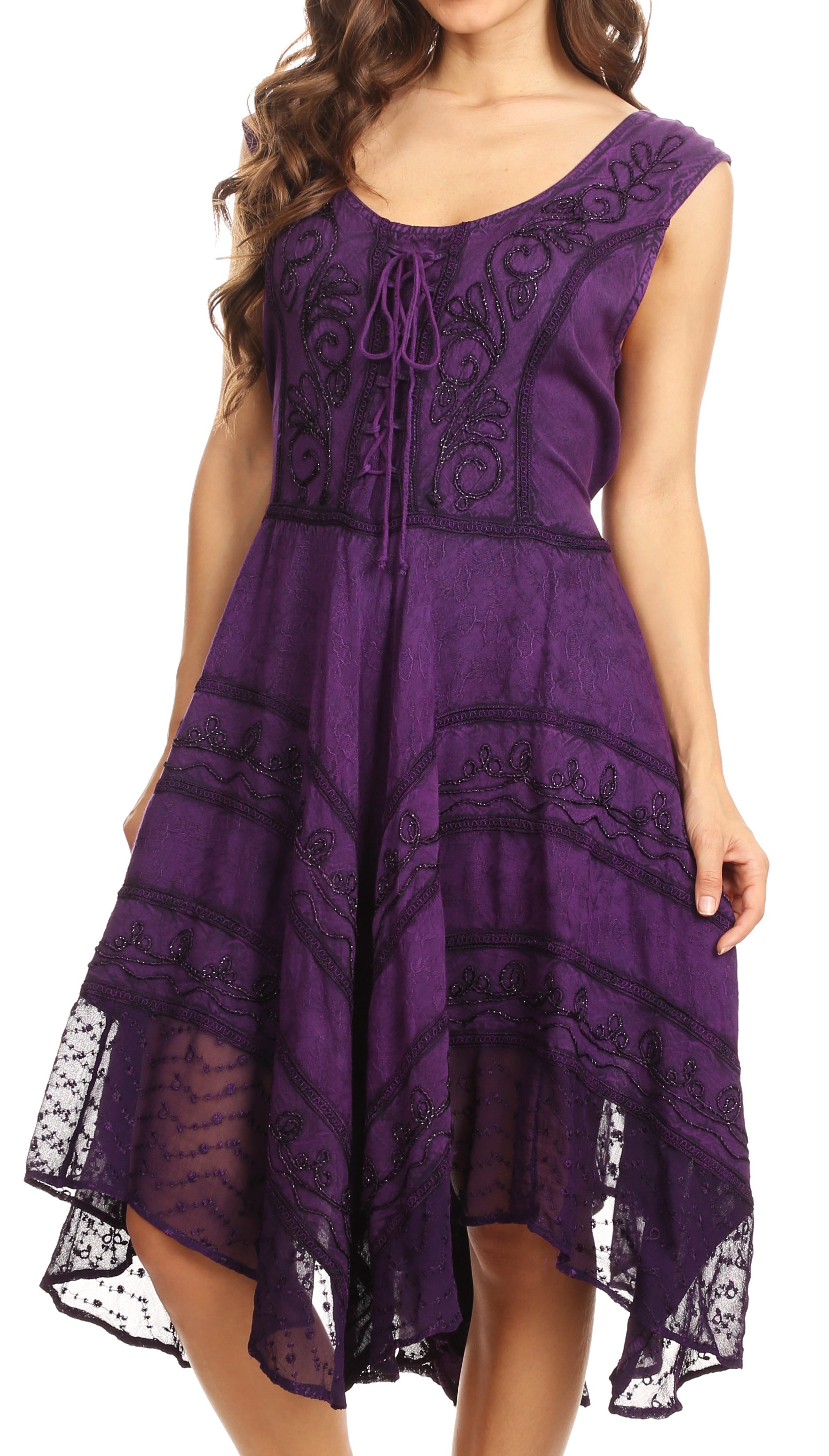 Purple lace dress with a white background