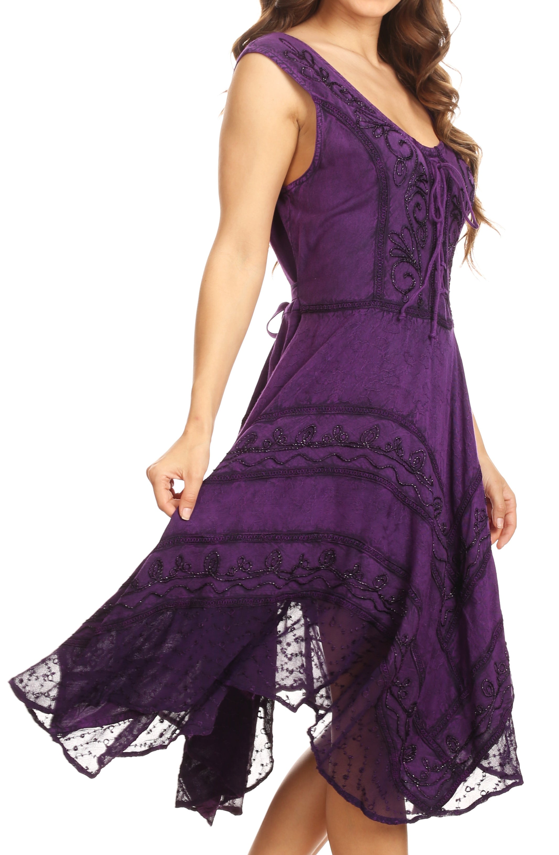Purple dress with lace details on a white background